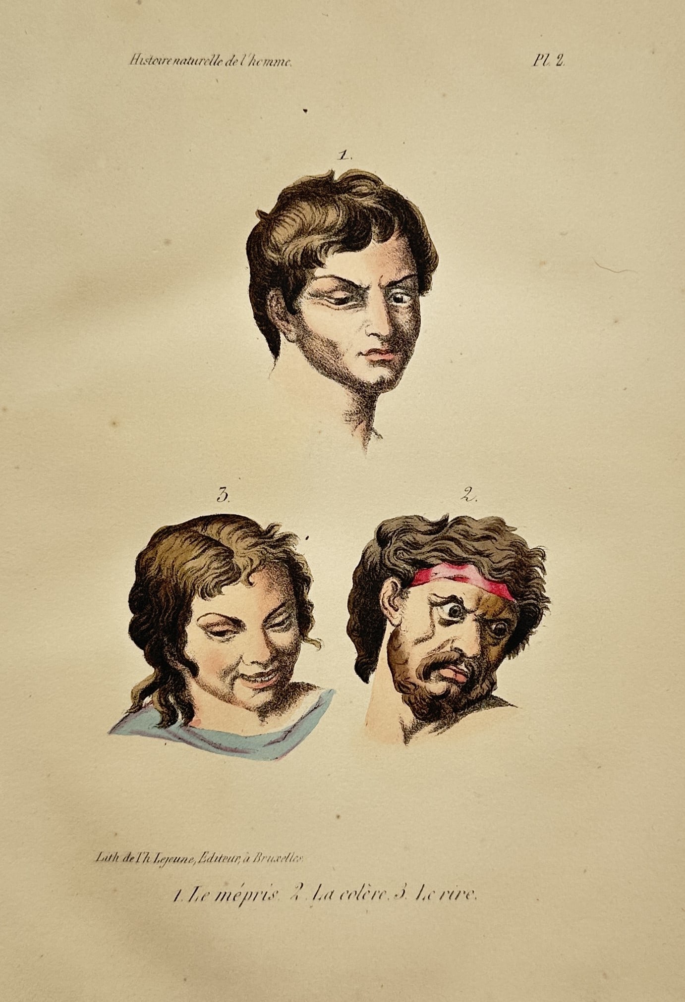 Theodore Lejeune – Anthropological Study of Human Facial Expressions – Hand-coloured lithograph (1 of 2)
