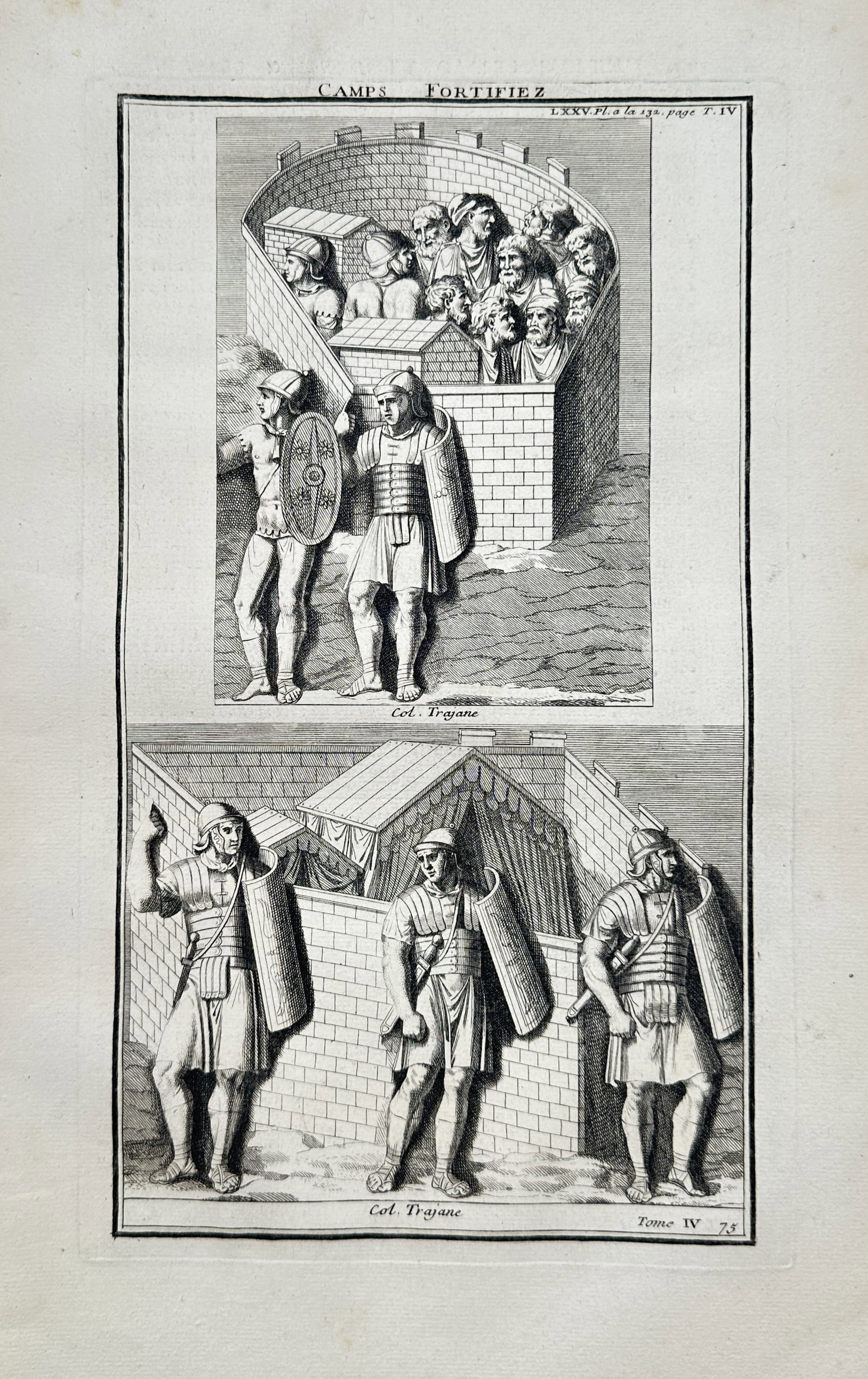 Bernard de Montfaucon – Historical Study of Roman Fortified Camps from Trajan's Column: "Camps Fortifiez" presents a detailed classical antiquarian study showcasing two distinct panels with scenes of ancient Roman military architecture and soldiers based on reliefs from Trajan's Column. 