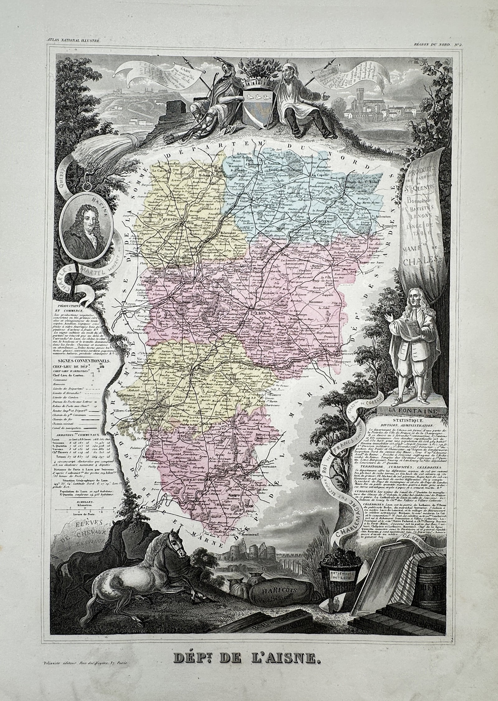Victor Levasseur – Map of the Aisne Department – France – Hand-coloured steel engraving: "Dépt. de l'Aisne" presents a detailed cartographic regional study showcasing the French department of Aisne. The composition features a central, multi-coloured map delineated by its administrative b