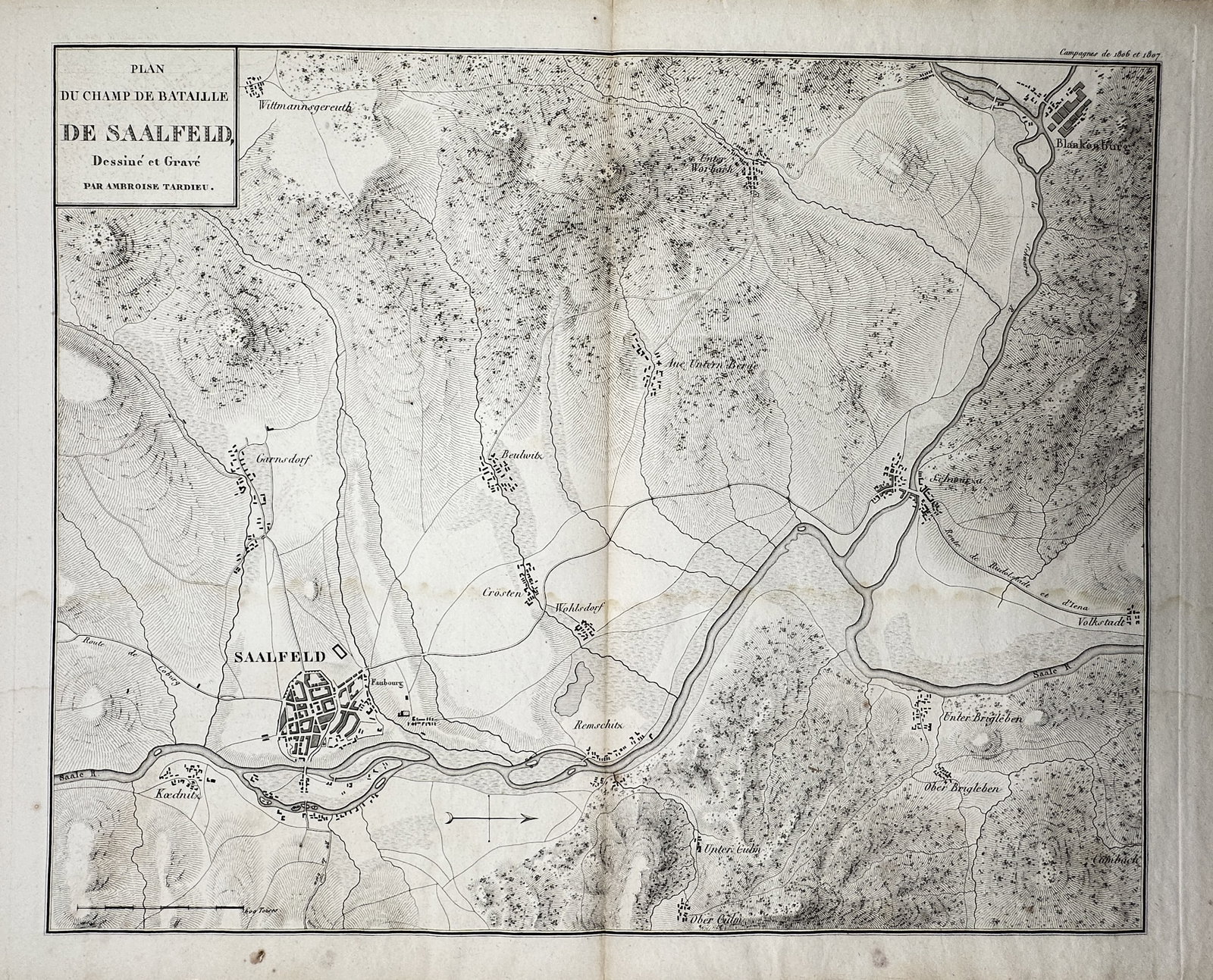 Ambroise Tardieu (1788–1841) – Map of the Saalfeld Battlefield – Germany – Engraving: "Plan du Champ de Bataille de Saalfeld" presents a detailed cartographic regional study showcasing the topography and layout of the historic battlefield of Saalfeld in Germany. The composition feature