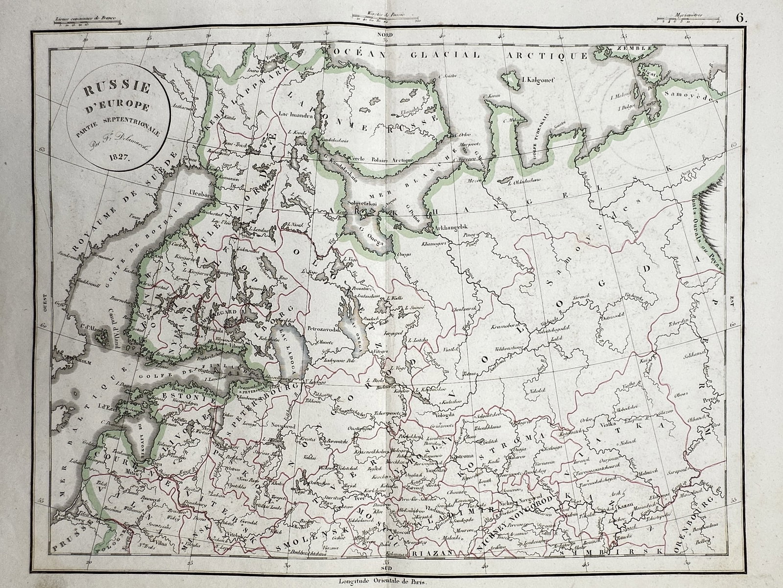Félix Delamarche – Map of Northern European Russia – Russia – Hand-coloured engraving (1827) (1 of 2)