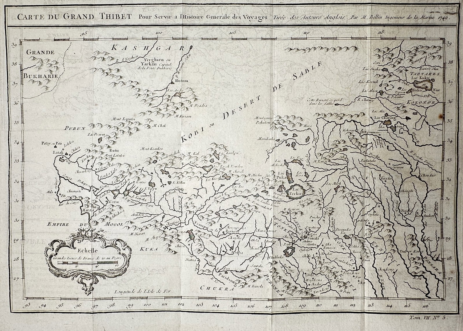 Jacques-Nicolas Bellin (1703–1772) – Map of Greater Tibet – Asia – Engraving (1748): "Carte du Grand Thibet" presents a detailed cartographic regional study showcasing the vast mountainous territories of Tibet and Central Asia. The composition features an intricate geographical render