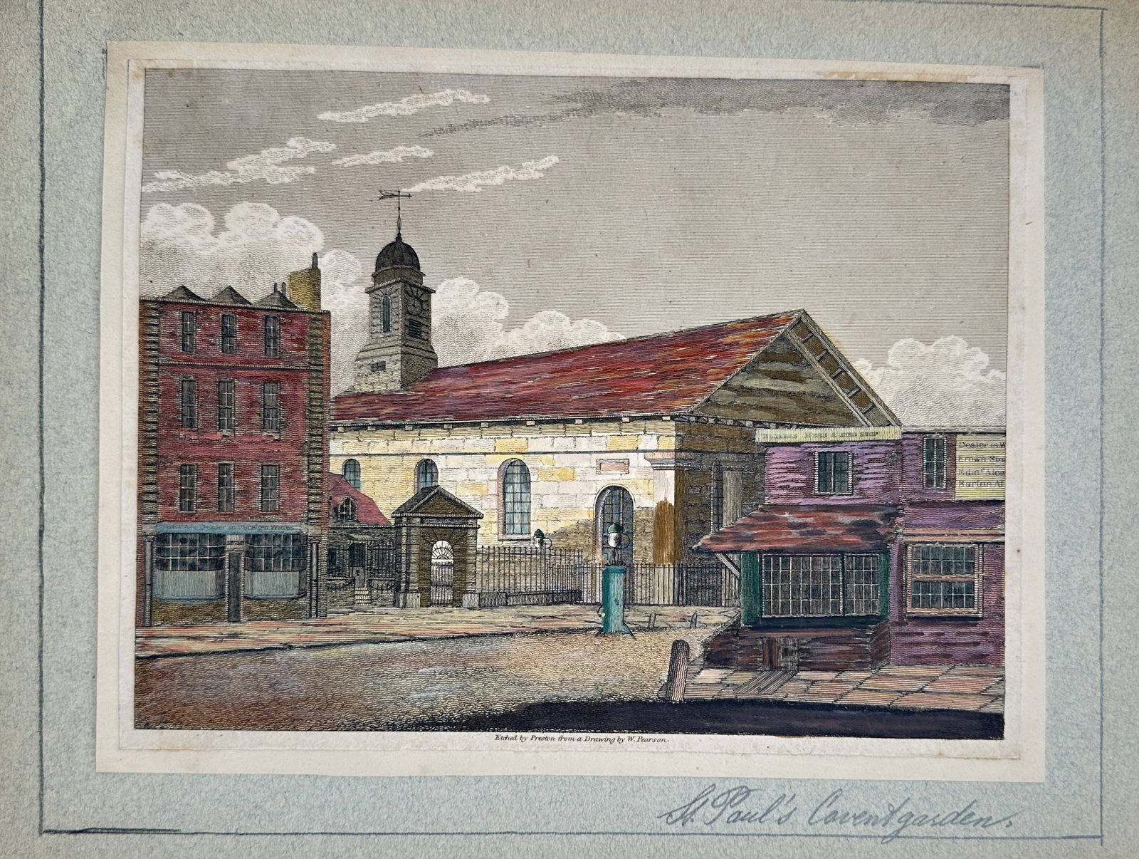 William Pearson – View of St Paul's Church, Covent Garden – Great Britain – Hand-coloured: "St. Paul's Covent Garden" presents a detailed architectural regional study showcasing the famous London church designed by Inigo Jones. The composition features a street-level view of the classical c