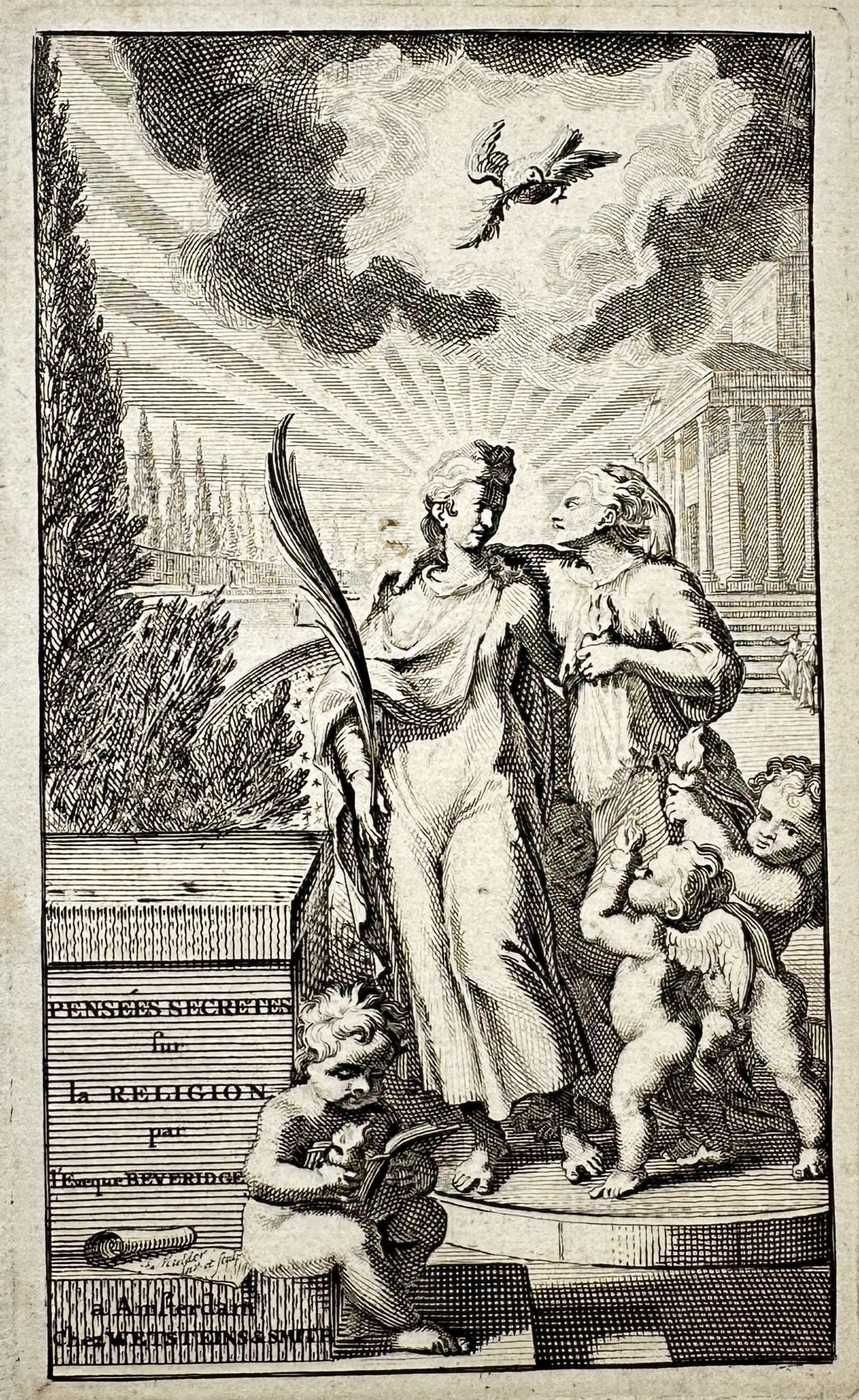 William Beveridge (1637–1708) – Frontispiece for Pensées Secrètes sur la Religion –: "Pensées Secrètes sur la Religion" presents a detailed allegorical study serving as a frontispiece for the French translation of William Beveridge's theological work. The composition features two ce