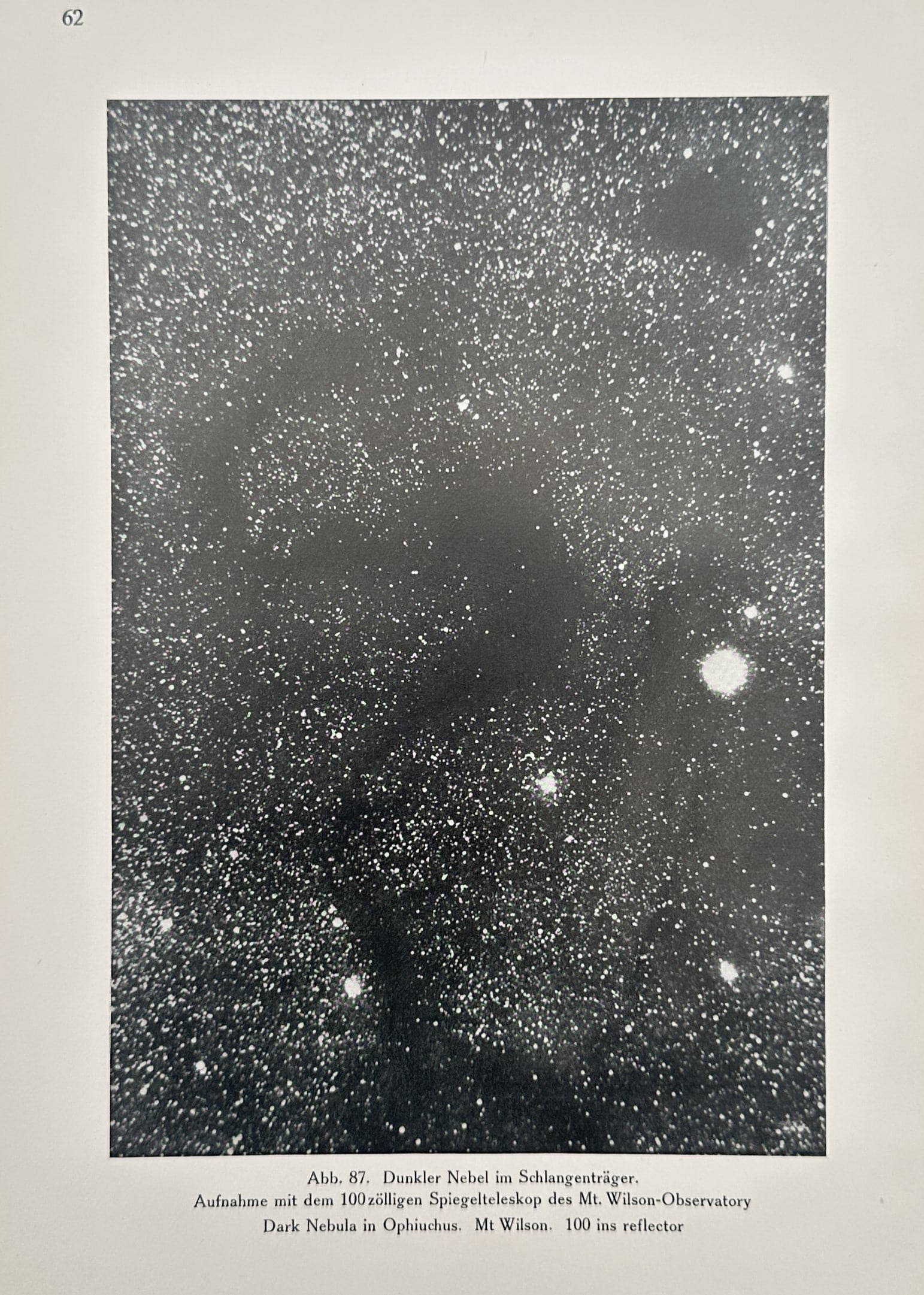 Paul Stuker – Astronomical Photograph of a Dark Nebula in Ophiuchus – Halftone Print: "Dunkler Nebel im Schlangenträger" This astronomical illustration depicts a dense field of stars interrupted by the prominent silhouette of a dark dust cloud in the constellation Ophiuchus. The celes