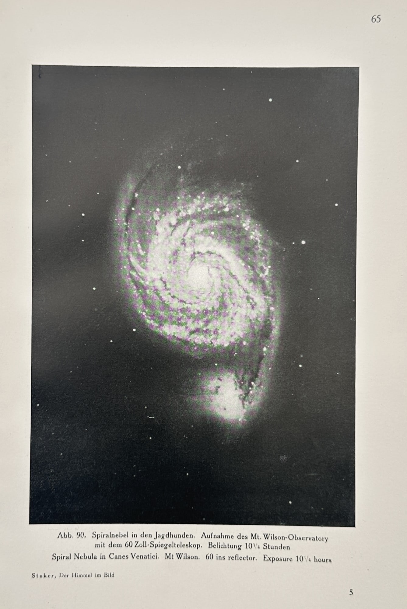 Paul Stuker – Astronomical Photograph of a Spiral Nebula in Canes Venatici – Halftone Print: "Spiralnebel In Den Jagdhunden" This astronomical illustration depicts a prominent spiral galaxy with distinct, luminous curving arms interacting with a smaller companion structure against a dark, sta