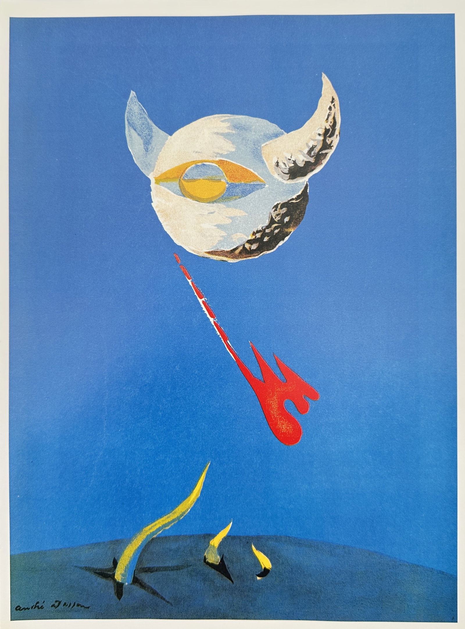 André Masson (1896–1987), after – The Moon – Offset print (20th Century): "La Lune" This work features a surrealist depiction of a celestial body, showing a horned, crescent-shaped moon containing a stylized eye-like form against a rich blue sky. A vibrant red streak extend