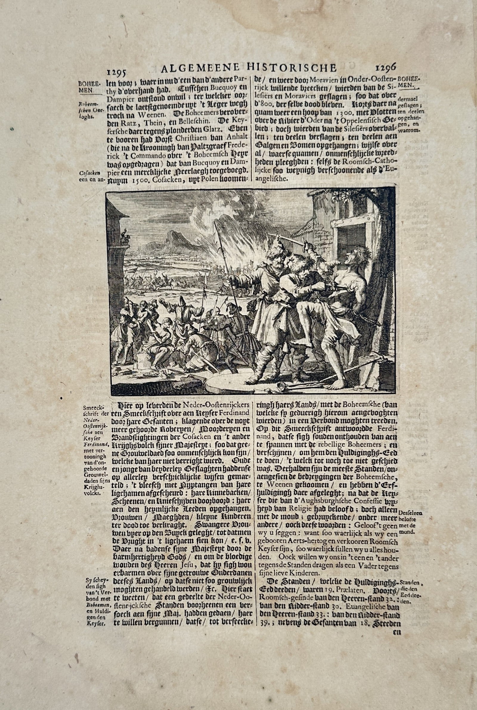 Jan Luyken – Historical Battle Scene with City Under Siege – Engraving (Late Seventeenth: "Algemeene Historische" This historical work features a detailed battle scene set outside the walls of a fortified city, showcasing multiple figures engaged in conflict with a distant mountainous land