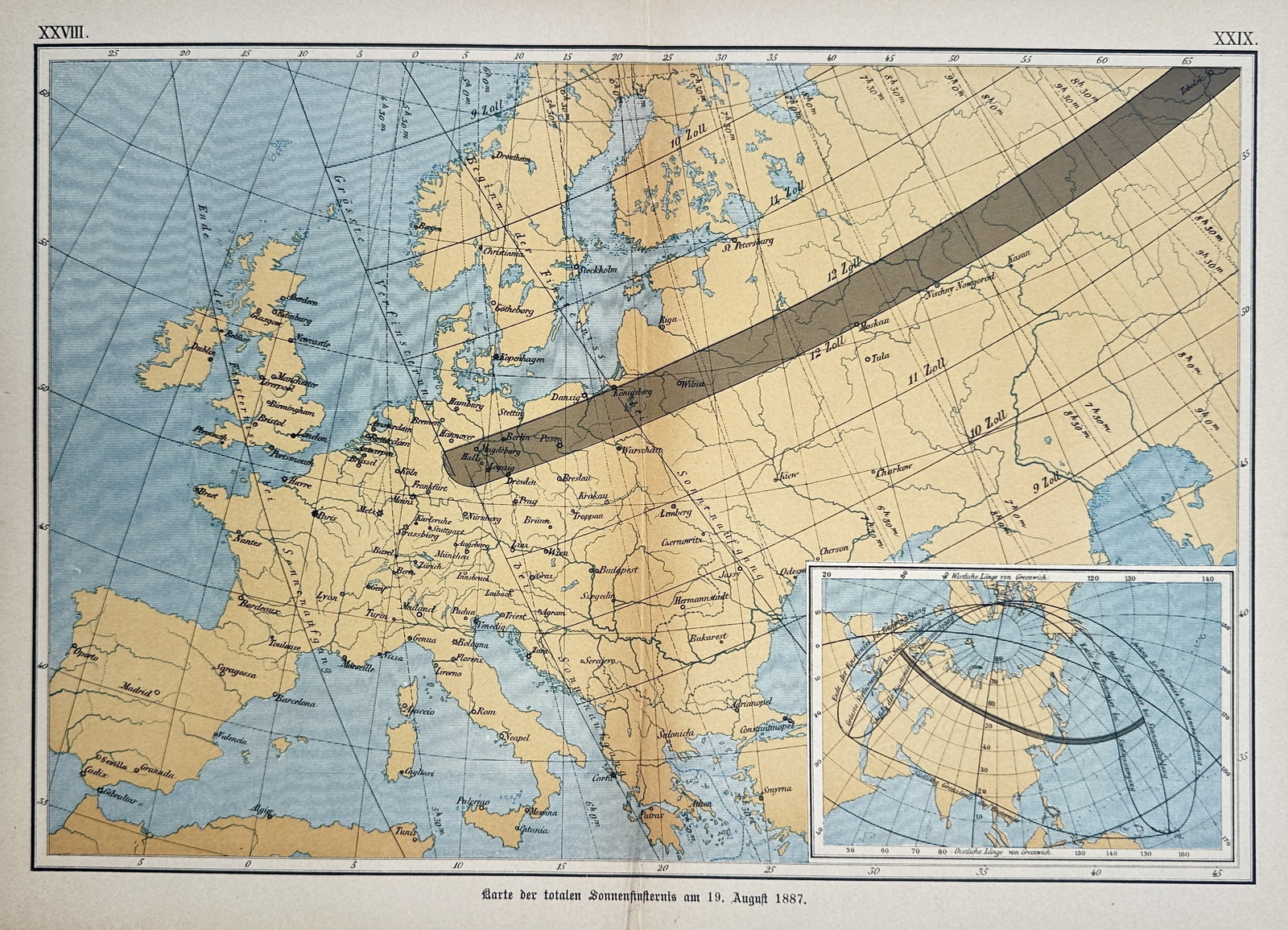 Dr. Edmund Weiss (1837–1917) – Map of the Total Solar Eclipse – Europe – Lithograph (1888) (1 of 2)