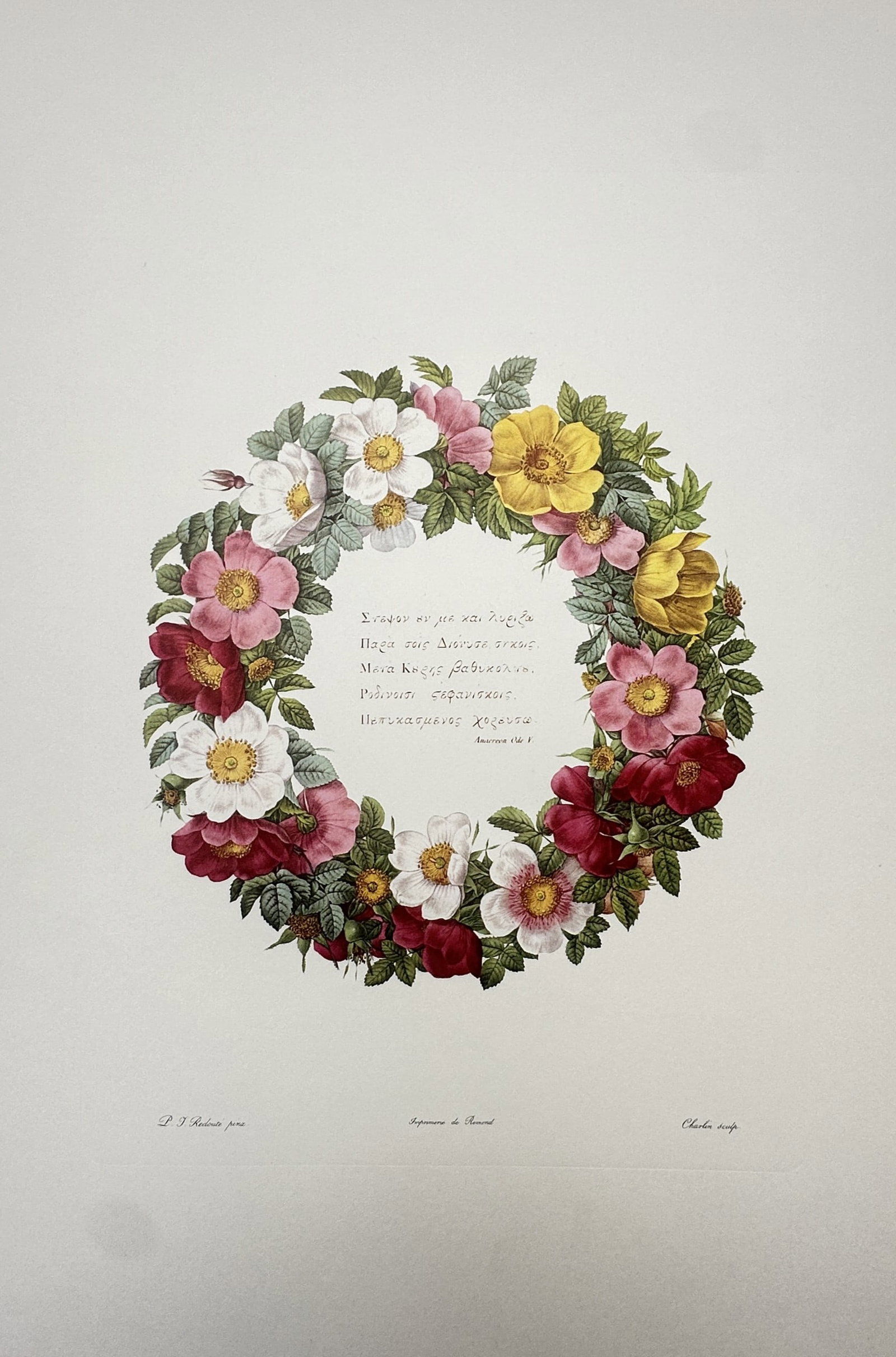 Pierre-Joseph Redouté, after – Botanical Study of a Rose Wreath with Greek Inscription – Offset (1 of 2)