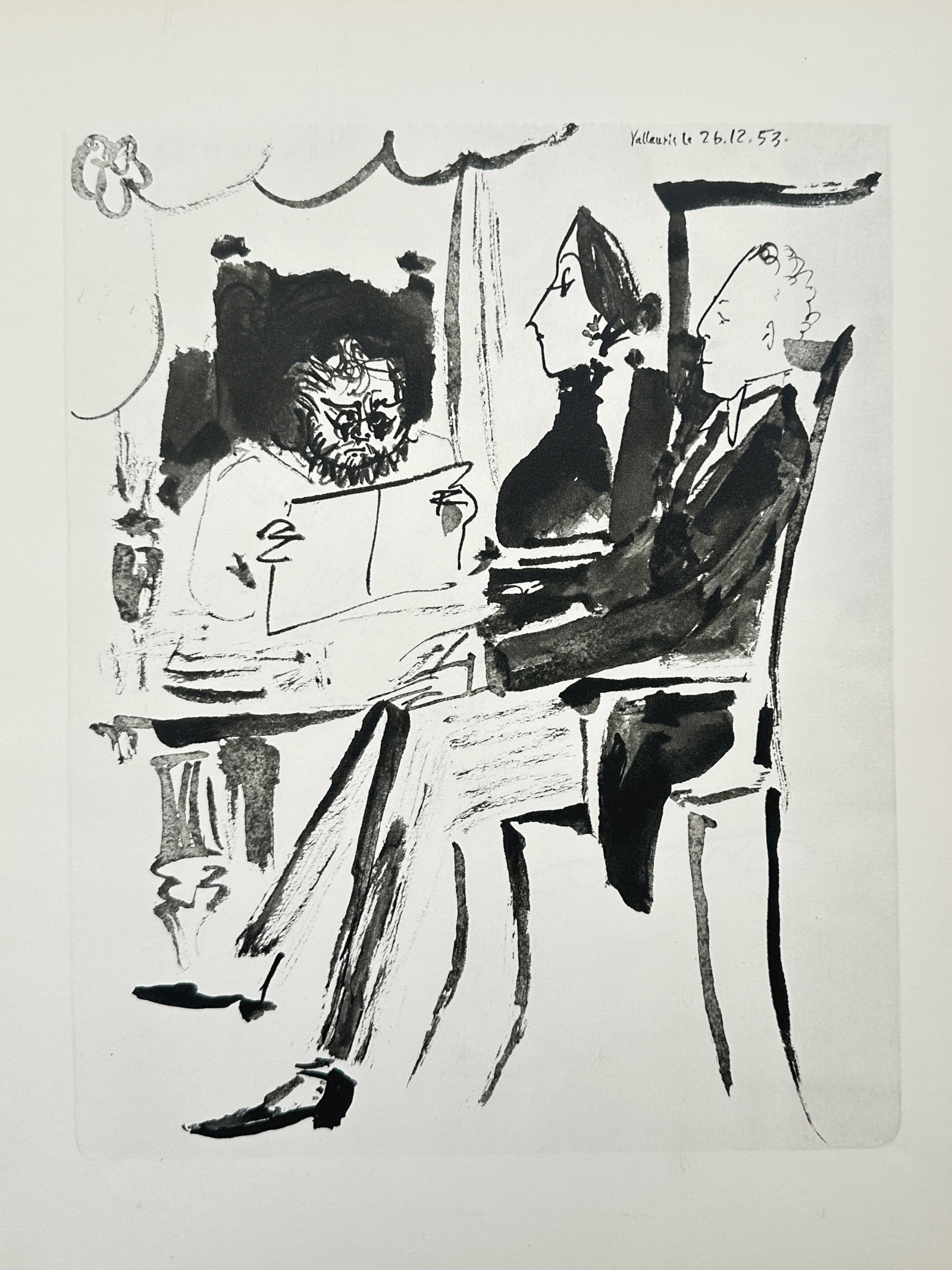 Pablo Picasso, after – Modernist Composition with Seated Figures – Offset print (20th Century): "La Comédie Humaine" This modern work features a fluid, linear ink-wash composition showcasing an interior scene with three figures, depicting a seated man in a dark suit looking towards a woman in p