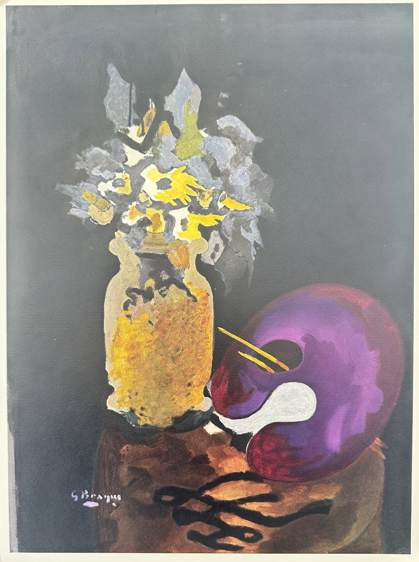 Georges Braque, after – Still Life with Flowers and Palette – Offset print (20th Century): "Nature Morte à la Palette" This modern work features a vibrant, painterly composition showcasing an intimate studio interior still life with an earthen-toned vase filled with yellow and grey flowers