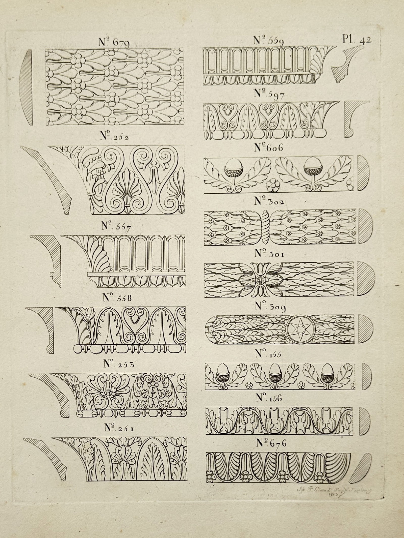 Joseph Beunat – Architectural Study of Classical Mouldings and Friezes – Copper engraving (1813) (1 of 2)