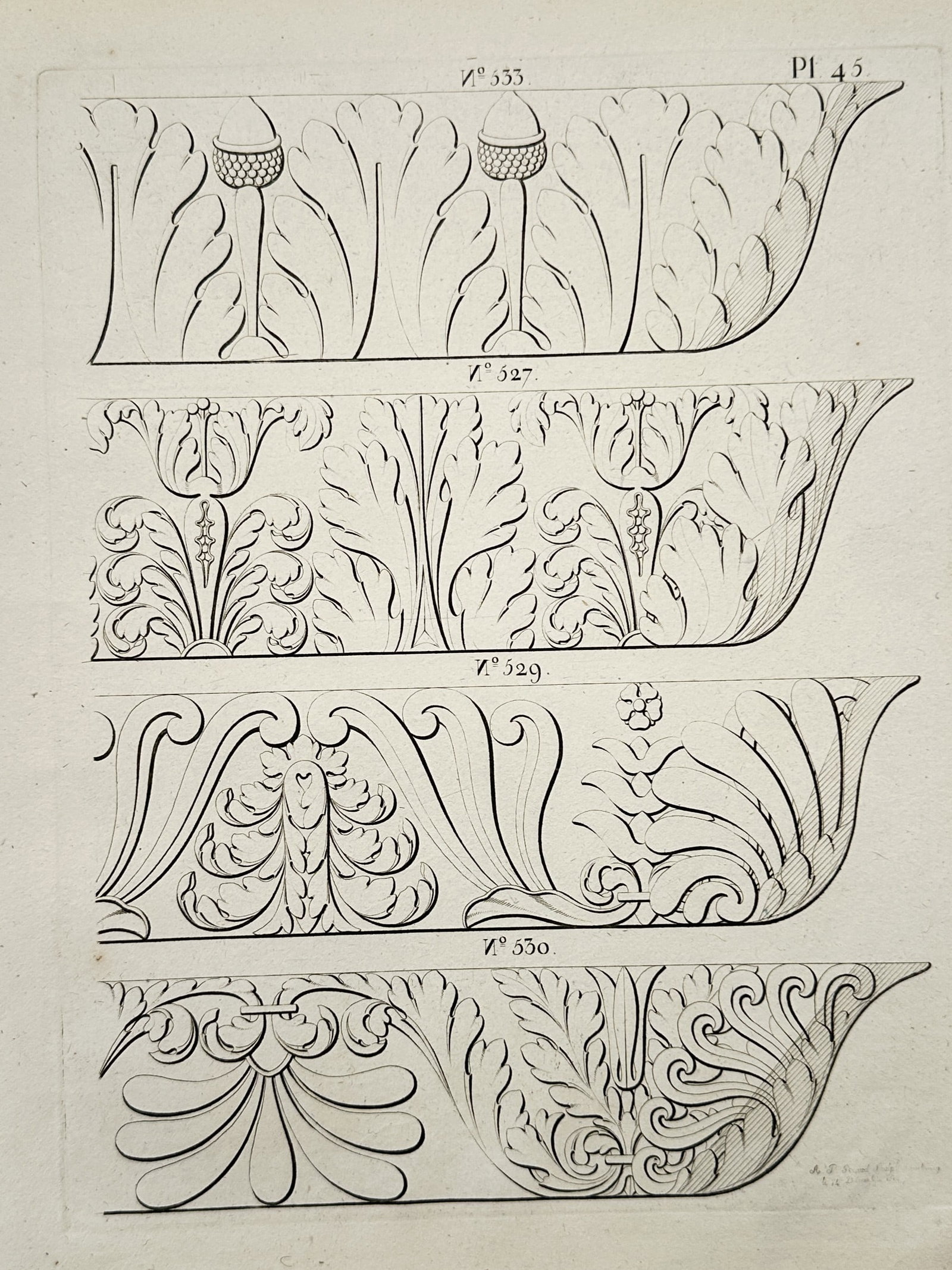 Joseph Beunat – Architectural Study of Classical Mouldings and Friezes – Copper engraving (1813): Recueil des Dessins de Stucs This architectural work features a detailed pattern study showcasing multiple technical designs for neoclassical ornamental stucco mouldings and friezes decorated with tra