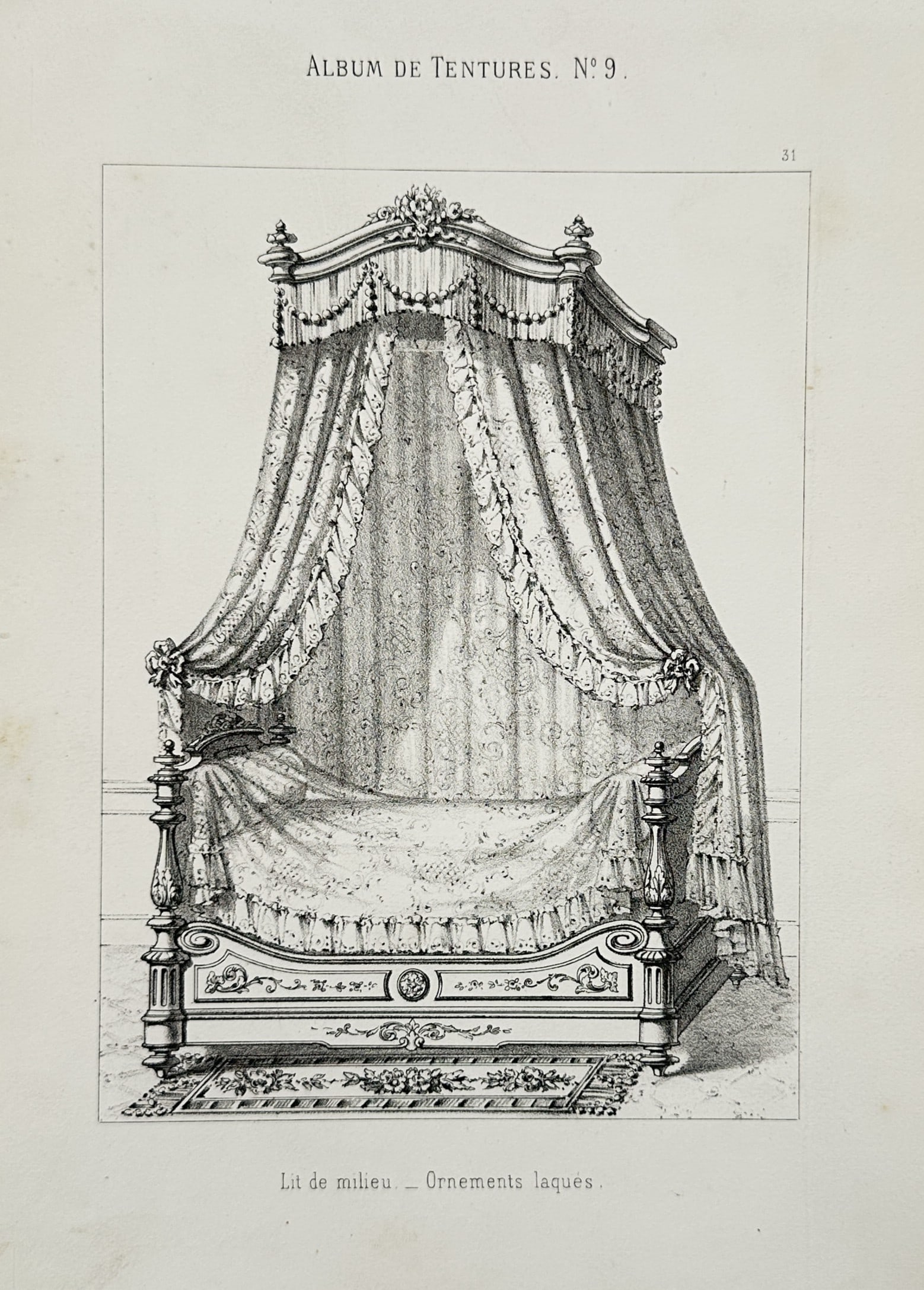 Victor L. Quétin – Design for a Canopy Bed with Lacquered Ornaments – Lithograph (19th Century) (1 of 2)