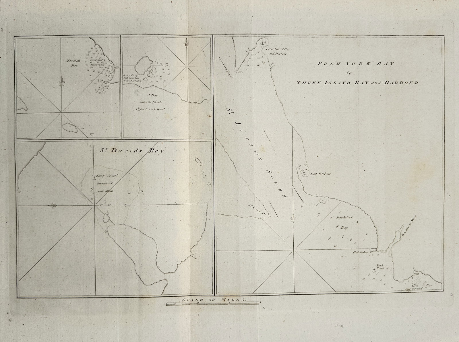 John Hawkesworth – Map of Coastal Bays and Harbours from York Bay to Three Island Bay (1 of 2)