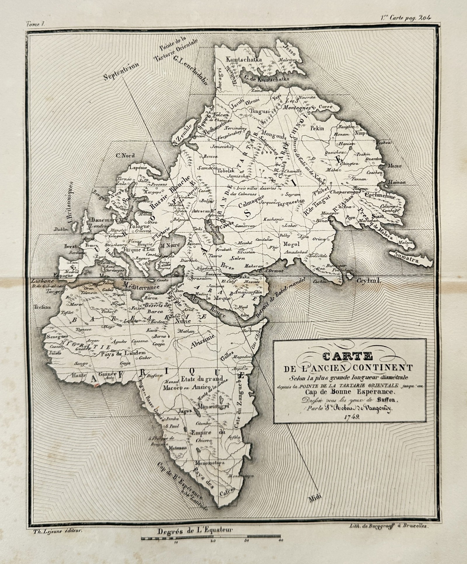Theodore Lejeune (Active mid-19th Century) – Map of the Old Continent – Lithograph (19th: Carte de l'Ancien Continent This cartographic work features a hemisphere overview showcasing the Old Continent along its greatest diametrical length, depicting the landmasses of Europe, Asia, and Afri