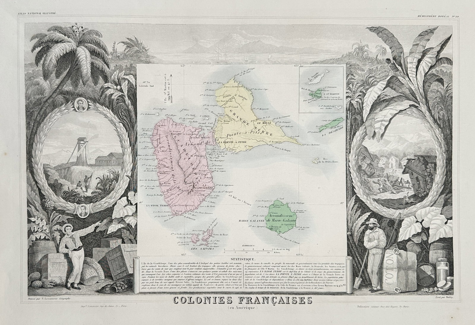 Victor Levasseur – Map of French Colonies in America (Guadeloupe) – Steel engraving: Colonies Françaises (en Amérique) This cartographic work features a highly decorative regional map showcasing the Caribbean islands of Guadeloupe, Marie-Galante, Saint-Martin, and Saint-Barthélemy,
