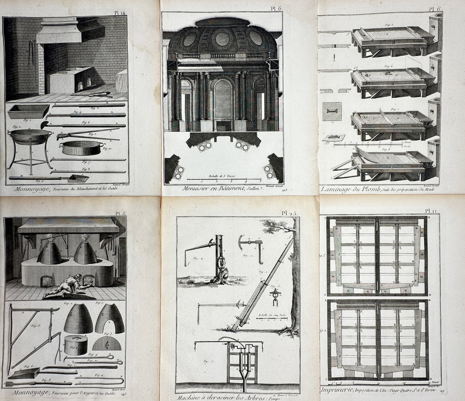 Robert Bénard (1734–1777) – Set of 6: Various Industrial Arts (Minting, Carpentry) (1 of 2)