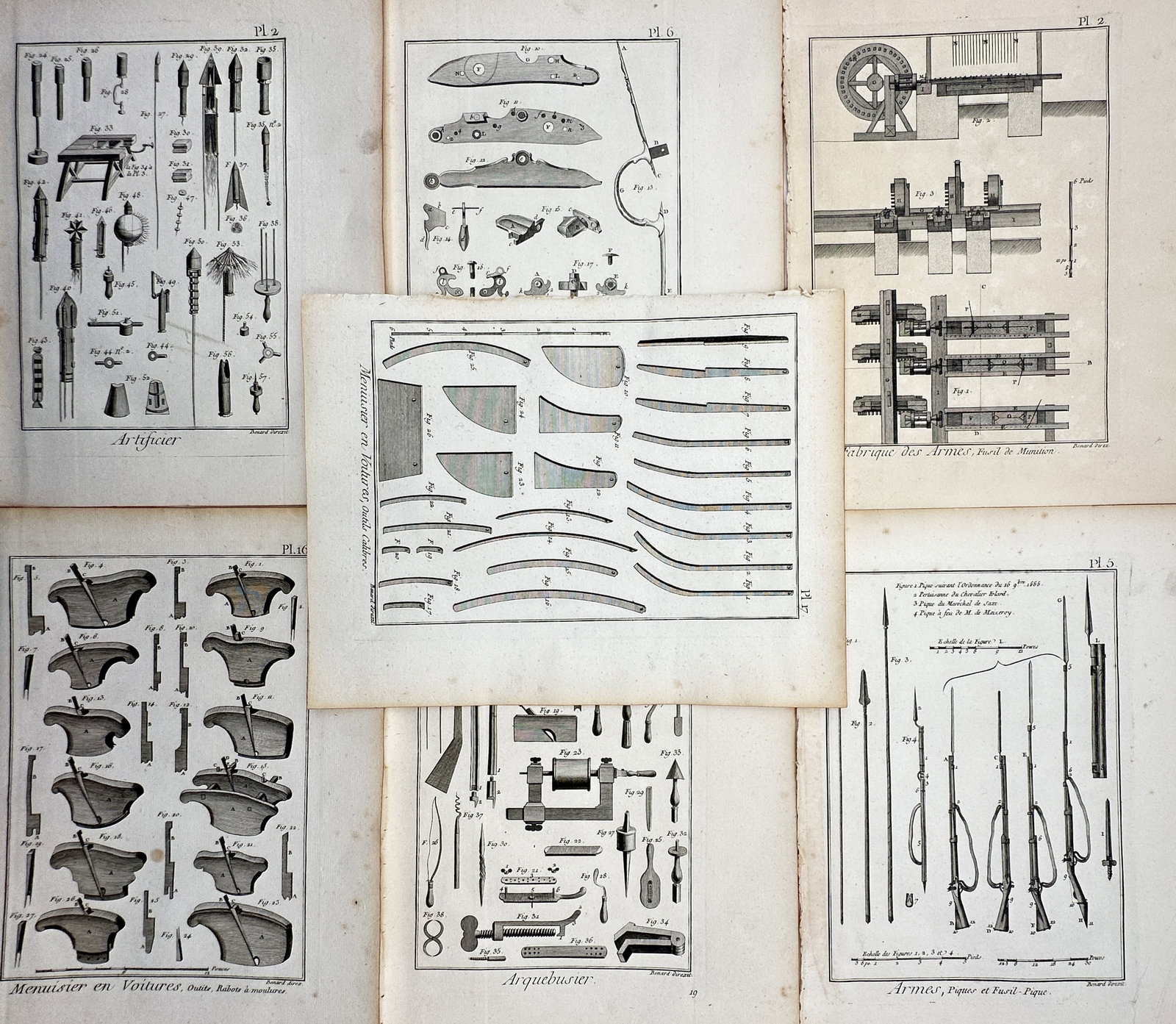 Robert Bénard (1734–1777) – Set of 7: Various Military Trades & Weaponry – Copperplate (1 of 2)