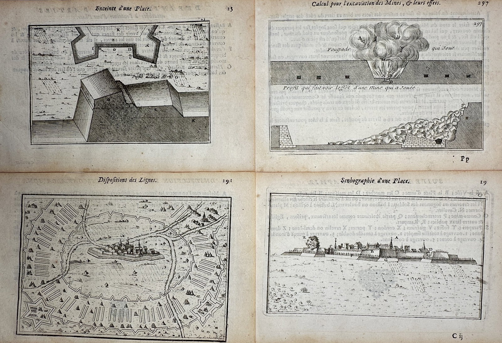 Denis Diderot – Set of 4: Military Tactics, Siege Lines & Explosive Mining – Copperplate: This monumental intellectual work features a highly detailed set of four military plates showcasing various layouts of siege tactics and field operations, depicting complex engineering calculations fo
