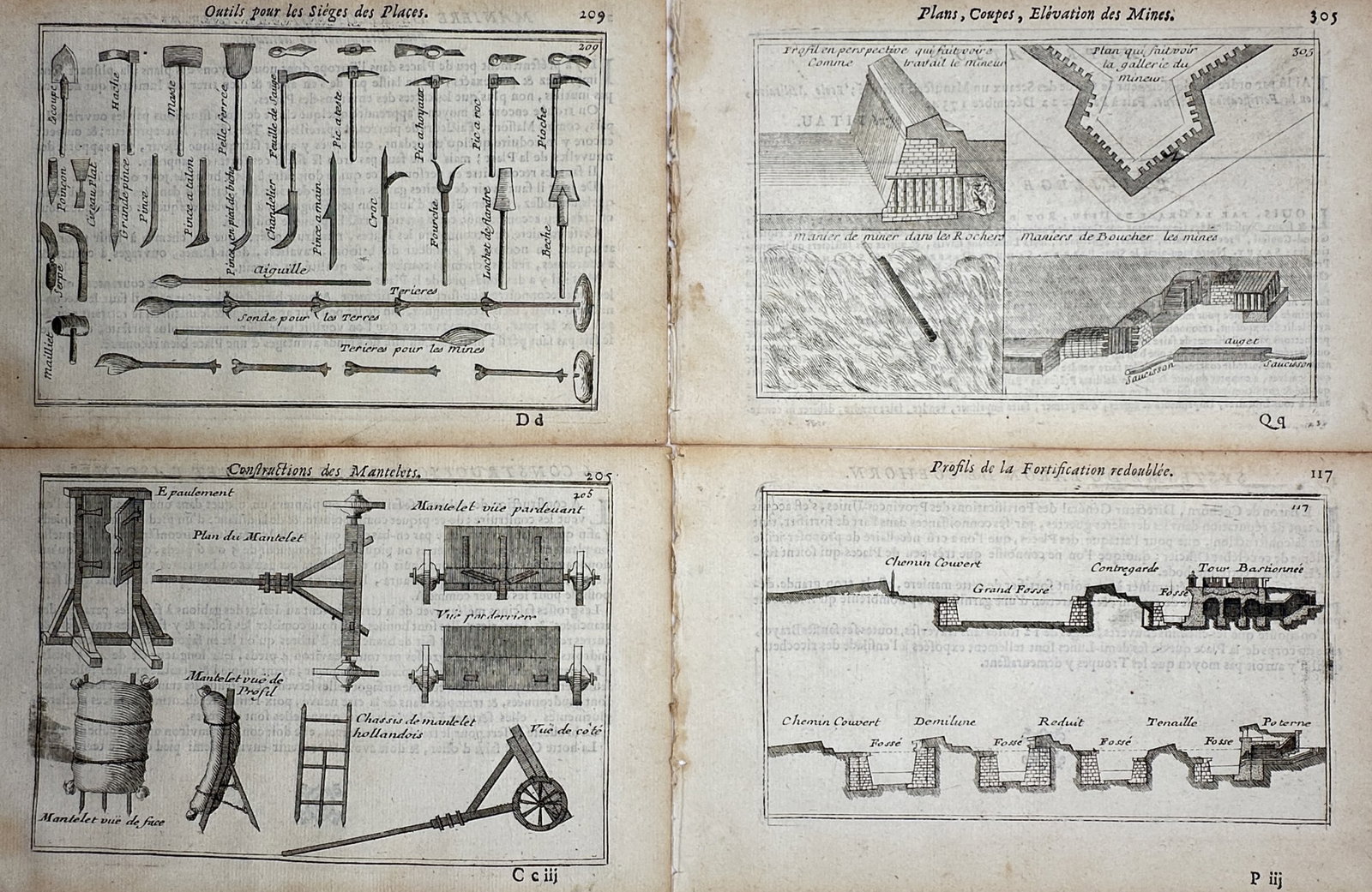 Denis Diderot – Set of 4: Siege Tools, Engineering Machinery & Redoubt Profiles: This monumental intellectual work features a highly detailed set of four military plates showcasing various layouts of engineering apparatuses and defense profiles, depicting complex arrays of siege t