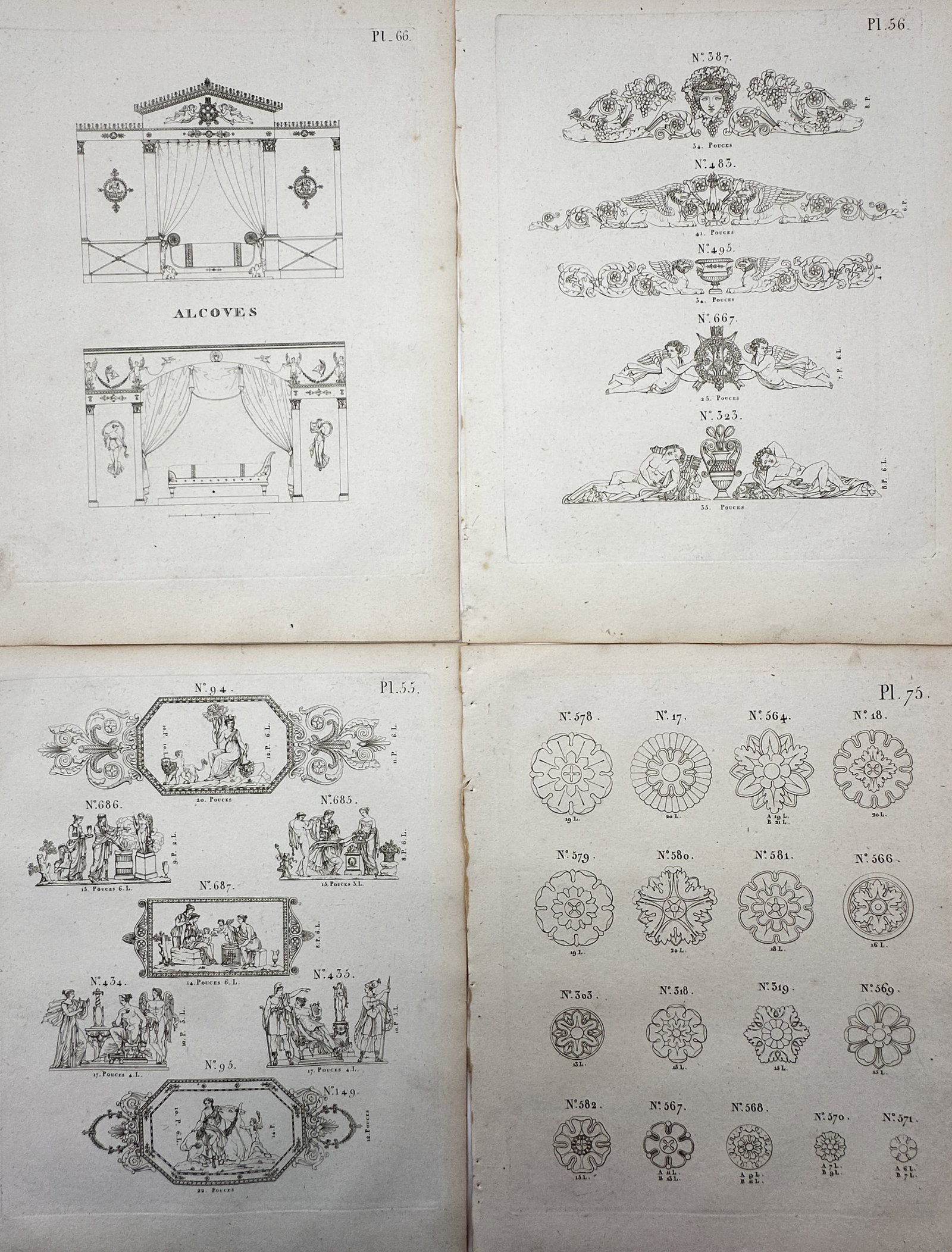 Joseph Beunat – Set of 4: Empire Style Alcoves, Figural Panels & Rosettes – Copperplate (1 of 2)