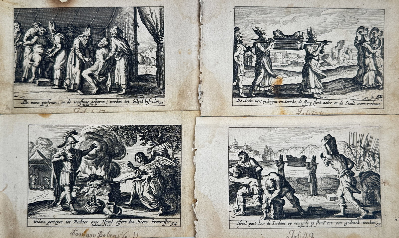 Pieter Hendricksz. Schut – Set of 4: Biblical Narratives (Old Testament History): This monumental religious work features a highly detailed set of four biblical plates showcasing various historical narratives from the Old Testament, depicting complex architectural arrangements, ang