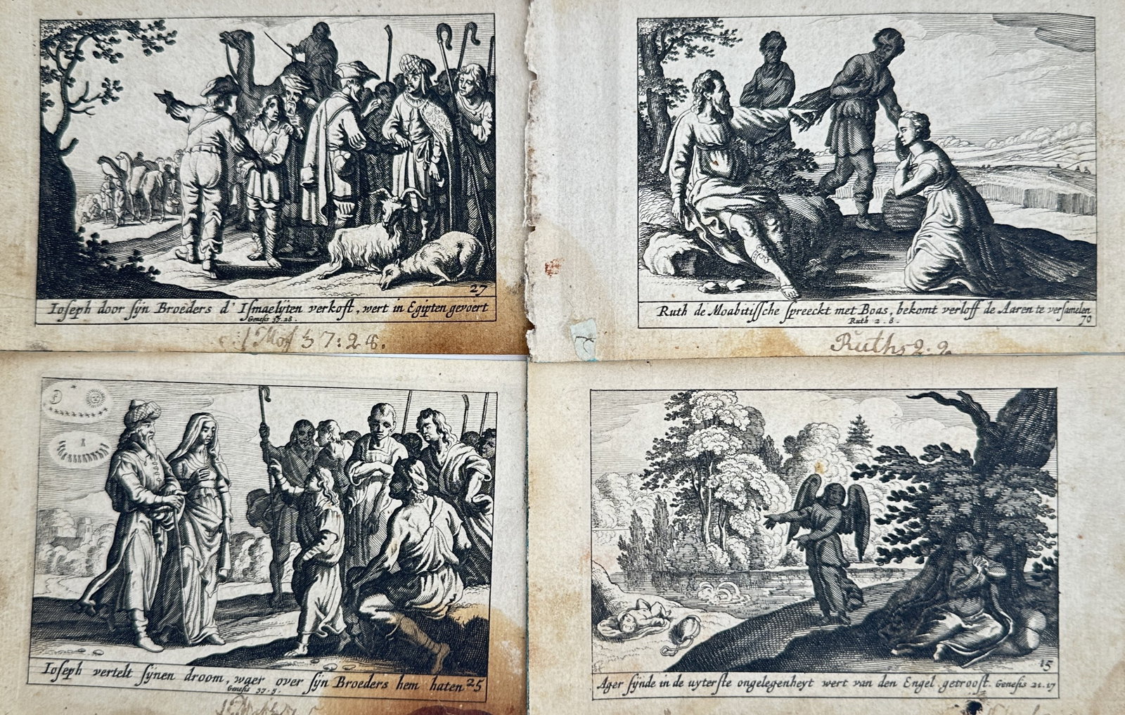 Pieter Hendricksz. Schut – Set of 4: Old Testament Parables (Stories of Joseph, Ruth & Hagar): This monumental religious work features a highly detailed set of four biblical plates showcasing various historical narratives from the Old Testament, depicting complex desert encampments, pastoral ha