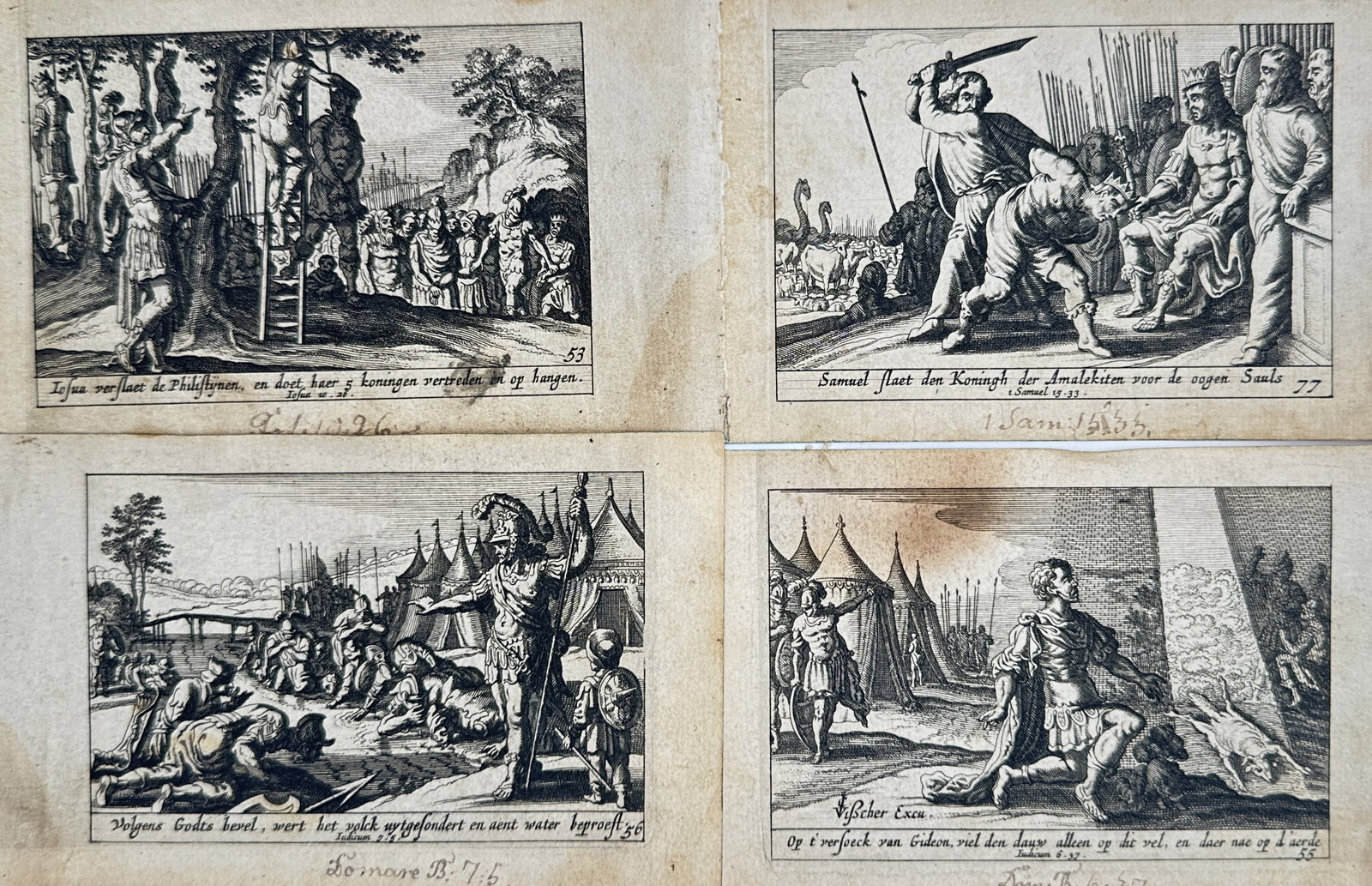 Pieter Hendricksz. Schut – Set of 4: Scriptural Wars & Triumphs (Joshua, Samuel & Gideon): This monumental religious work features a highly detailed set of four biblical plates showcasing various historical narratives from the Old Testament, depicting complex military conquests, the executi