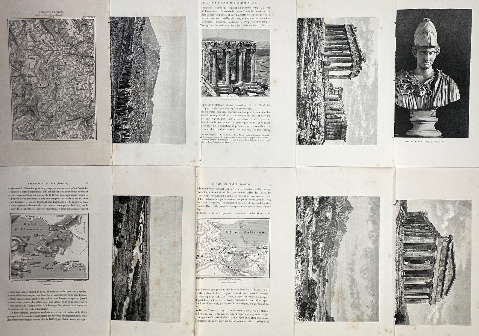 Victor Duruy – Set of 10: Classical Greek Topography, Antiquities & Architecture – Heliogravure: This monumental historical work features a highly detailed set of ten classical plates showcasing various aspects of ancient Greek civilization, depicting complex topographical battle maps, ruined tem