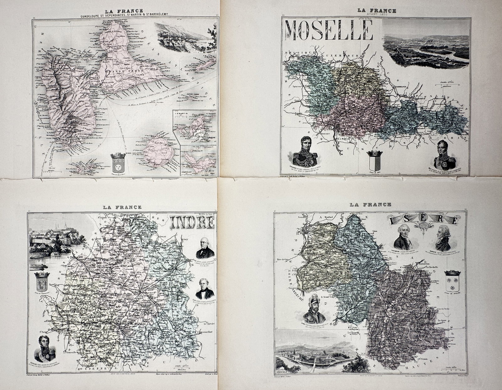 Alexandre A. Vuillemin – Set of 4: French Regions & Colonies (Isère, Indre, Moselle & Guadeloupe) (1 of 2)
