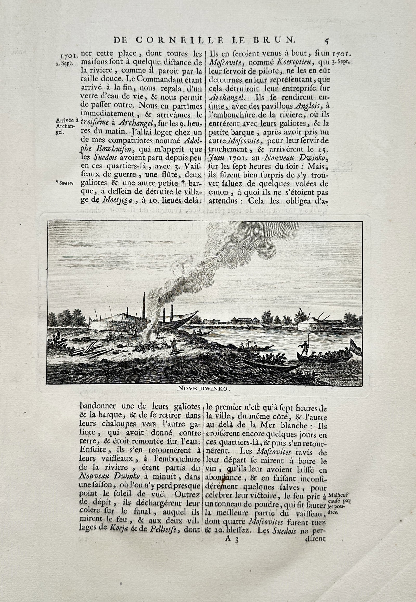 Cornelis de Bruijn (1652-1727) – View of Nove Dwinko – Etching (1718): "Nove Dwinko" This print features a panoramic landscape view of a coastal fortification along the Northern Dvina River near Archangel in Russia, showing a dramatic scene with smoke rising into the sky
