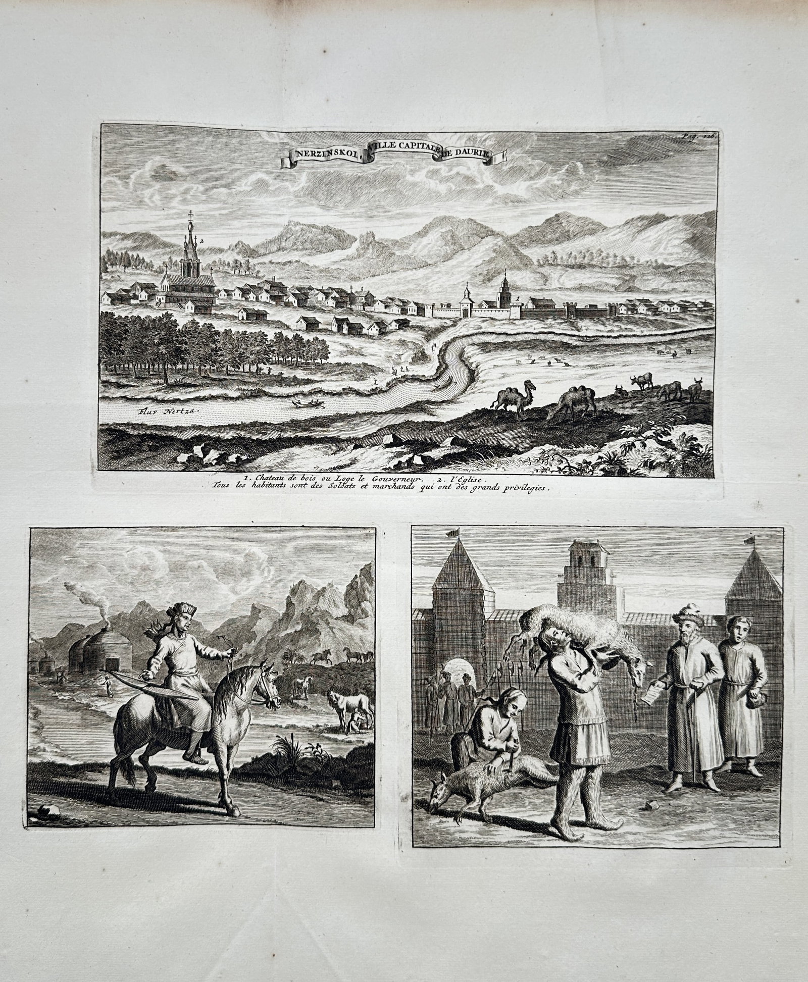 Cornelis de Bruijn (1652-1727) – View of Nerzinskoi and Regional Scenes – Etching (1718): "Nerzinskoi Ville Capitale de Daurie" This print features three distinct illustrative compositions arranged on a single sheet from a travel publication. The expansive upper landscape view depicts the 