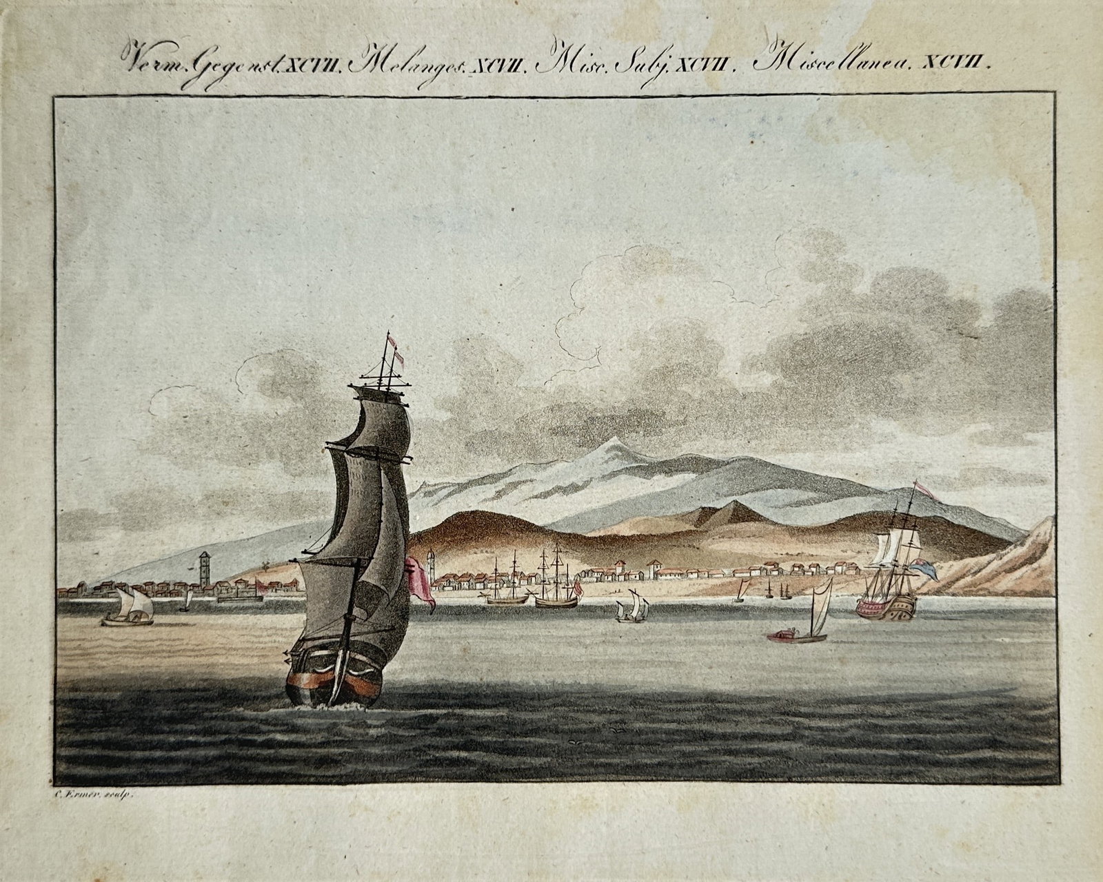 Friedrich Justin Bertuch (1747-1822) – View of a Coastal Harbor and Shipping – Engraving (1795) (1 of 2)
