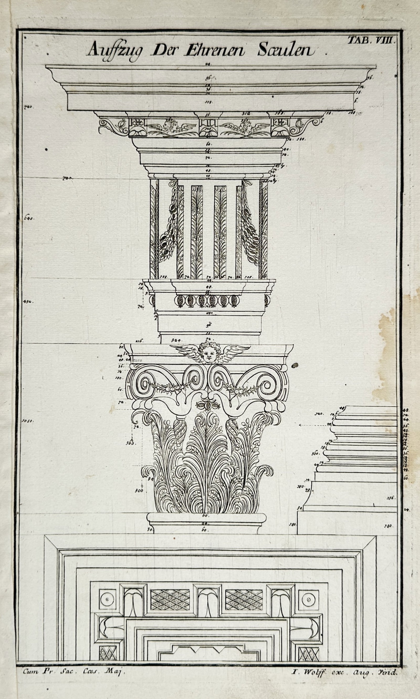 Jeremias Wolff (1663-1724) – View of a Monumental Column Architectural Design – Engraving (1 of 2)