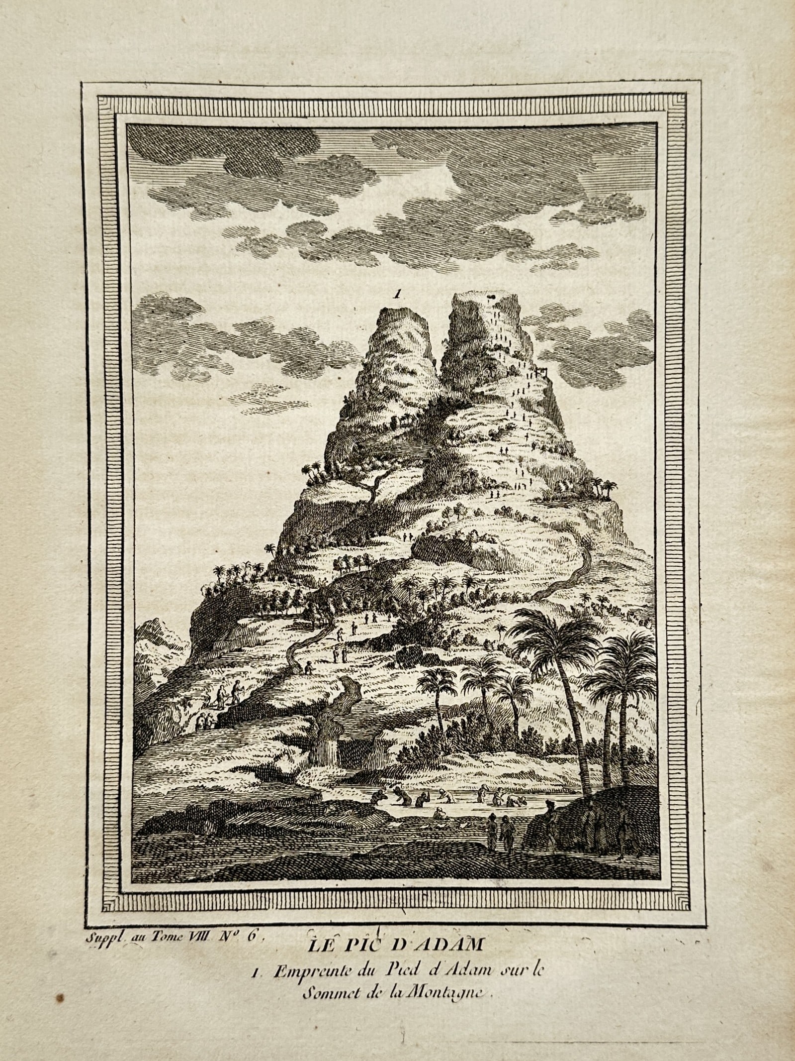 Antoine François Prévost d'Exiles (1697-1763) – View of Adam's Peak – Engraving (1756): "Le Pic d'Adam" This print features a geographical landscape view depicting Adam's Peak in Sri Lanka. The composition portrays the towering mountain with its characteristic dual peaks rising toward a 