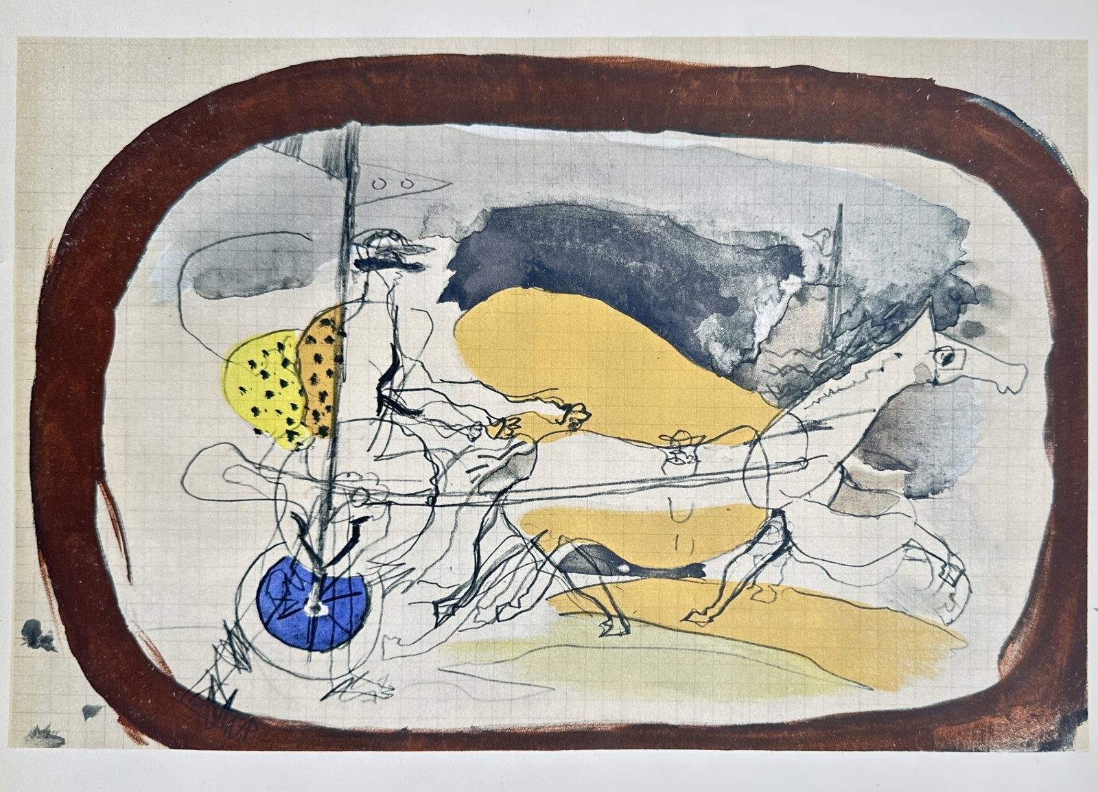 Georges Braque, after – View of a Chariot Scene (Helios) – Offset Print (20th Century): This print features a highly stylized, modern composition depicting a classical chariot driver and horse in motion, framed by a thick, dark brown oval border. The artwork presents fluid, overlapping o