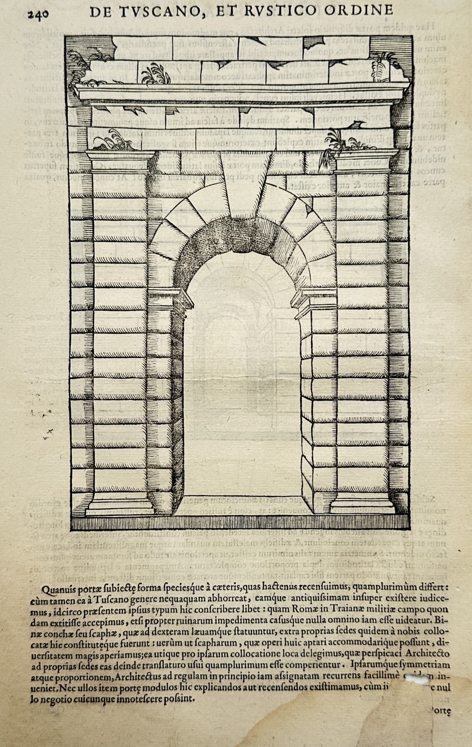 Sebastiano Serlio (1475–1554) – View of a Tuscan and Rustic Archway – Woodcut (16th Century): "De Tuscano, et Rustico Ordine" This print features an architectural study displaying a monumental gateway characterized by heavily rusticated masonry blocks, a prominent keystone, and an integrated c