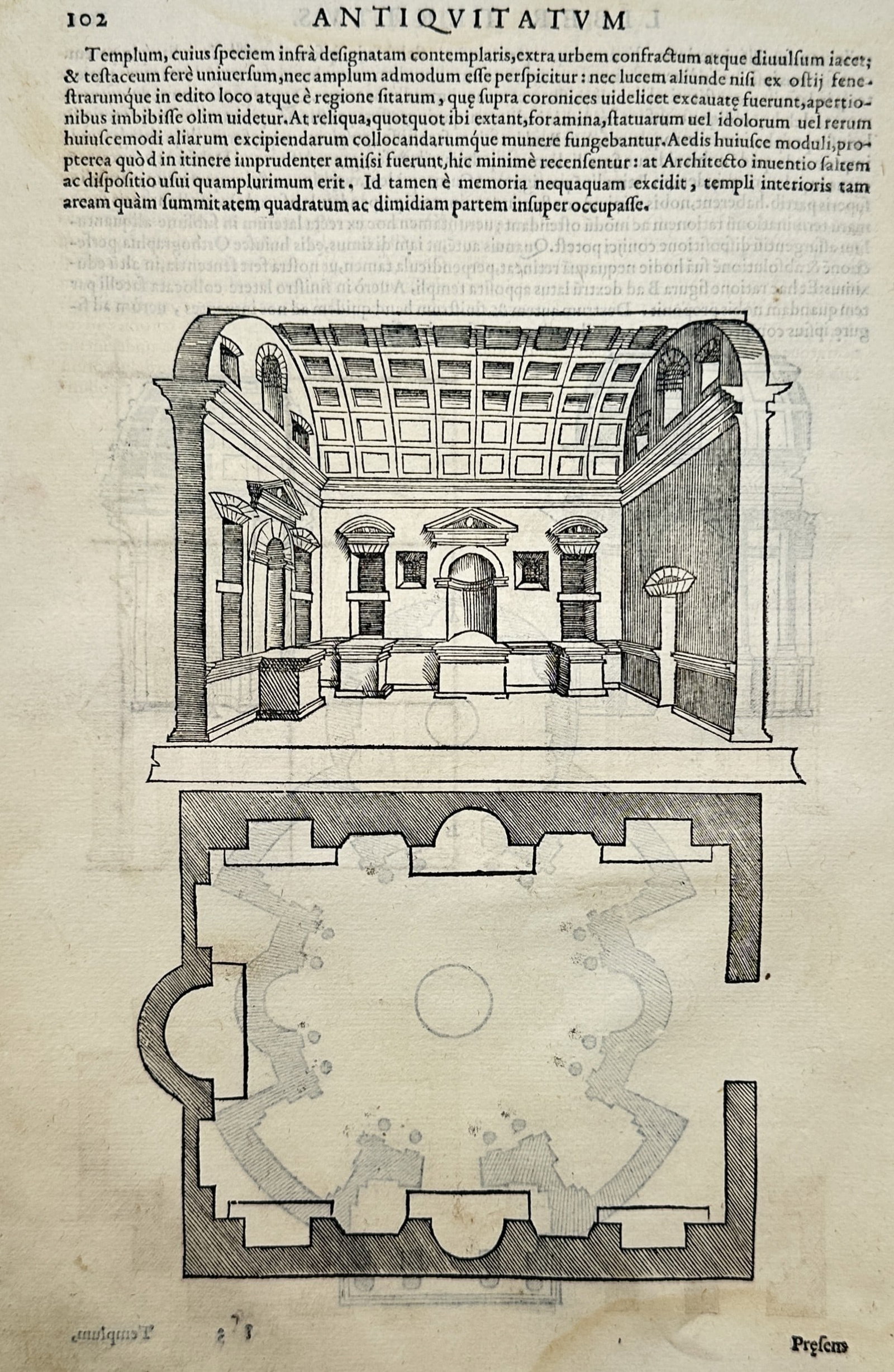 Sebastiano Serlio (1475–1554) – View of an Ancient Temple Interior and Ground Plan – Woodcut (1 of 2)