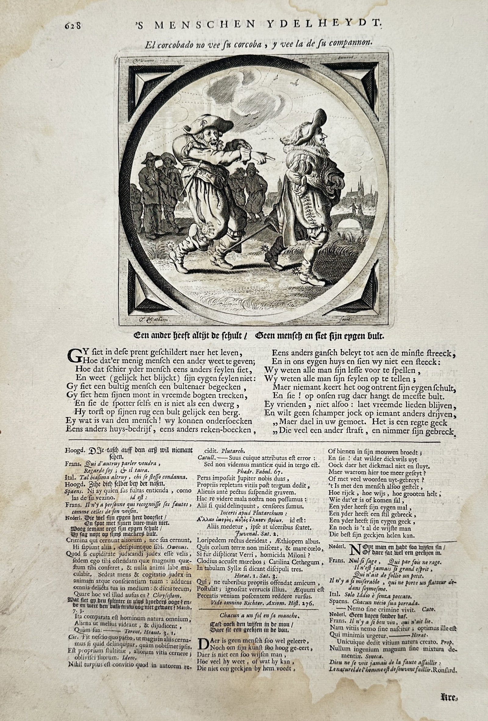 Jacob Cats – View of a Moral Emblem with Two Men – Engraving (18th Century) (1 of 2)