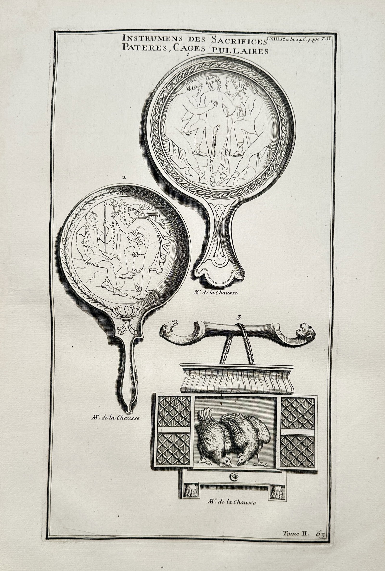 Bernard de Montfaucon – View of Ancient Sacrificial Instruments, Patera Bowls, and a Chicken Cage (1 of 2)