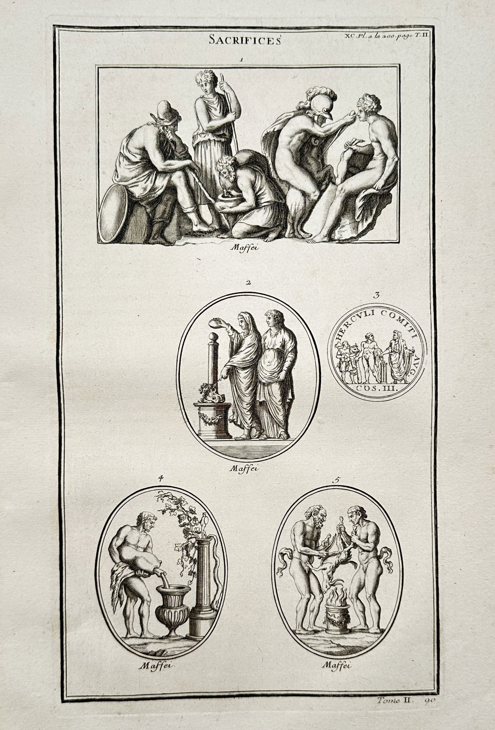 Bernard de Montfaucon – View of Ancient Roman Sacrificial Scenes and Medallions – Engraving (1 of 2)