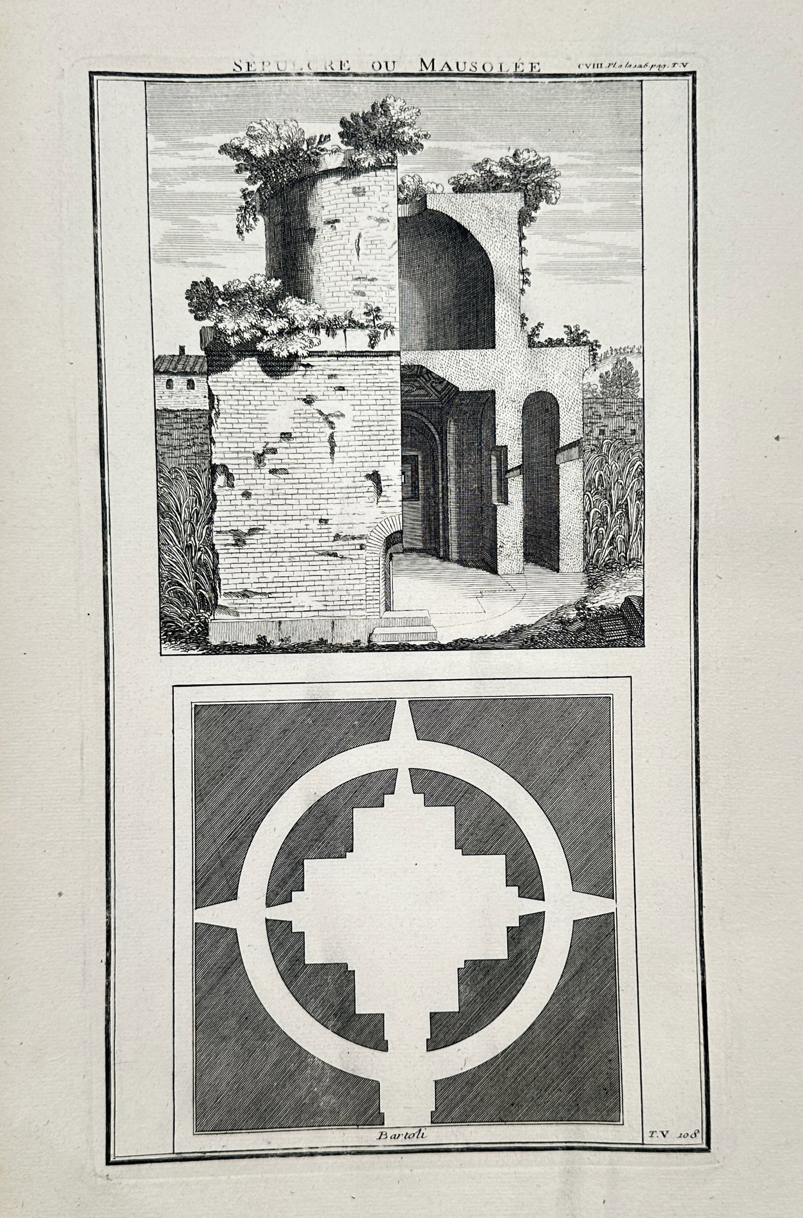 Bernard de Montfaucon – View of an Ancient Sepulchre or Mausoleum – Engraving (1719): "Sepulcre ou Mausolée" This print features an architectural and archaeological study displaying the structure of an ancient Roman tomb or mausoleum, showcasing a split elevation and cross-sectional v