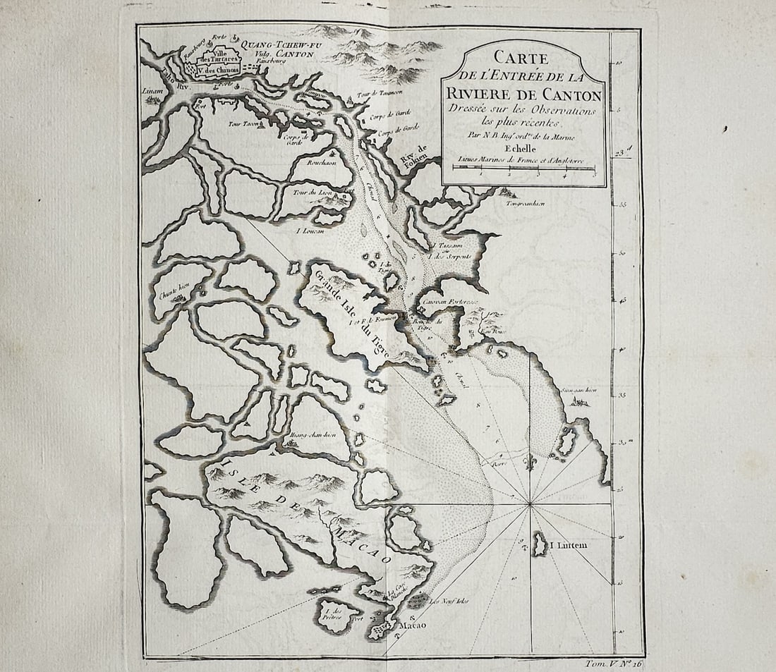 Jacques-Nicolas Bellin – Map of the Entrance to the Canton River – China – Engraving (1748): "Carte de l'Entrée de la Rivière de Canton" This print features a hydrographical study displaying the Pearl River Delta and the maritime approach to Canton, showcasing a detailed monochrome coastal 