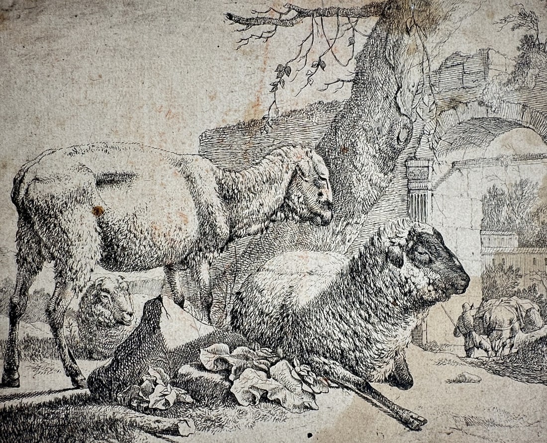 Johann Heinrich Roos (1631–1685) – View of a Pastoral Study of Sheep – Etching (1680) (1 of 2)