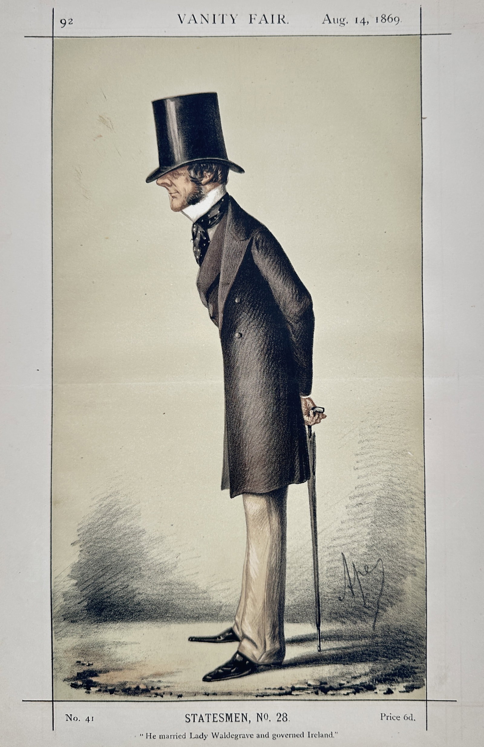 Vanity Fair – Portrait of Chichester Fortescue, Baron Carlingford – Lithograph (1869): "Statesmen, No. 28" This print features a caricature portrait study displaying the British Liberal politician Chichester Fortescue, later Baron Carlingford, showcasing a full-length color illustration
