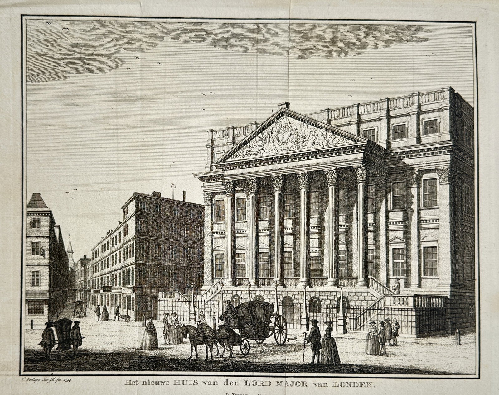 Jacobus Christian Philips (1701–1773) – View of the Mansion House in London – Engraving (1754) (1 of 2)