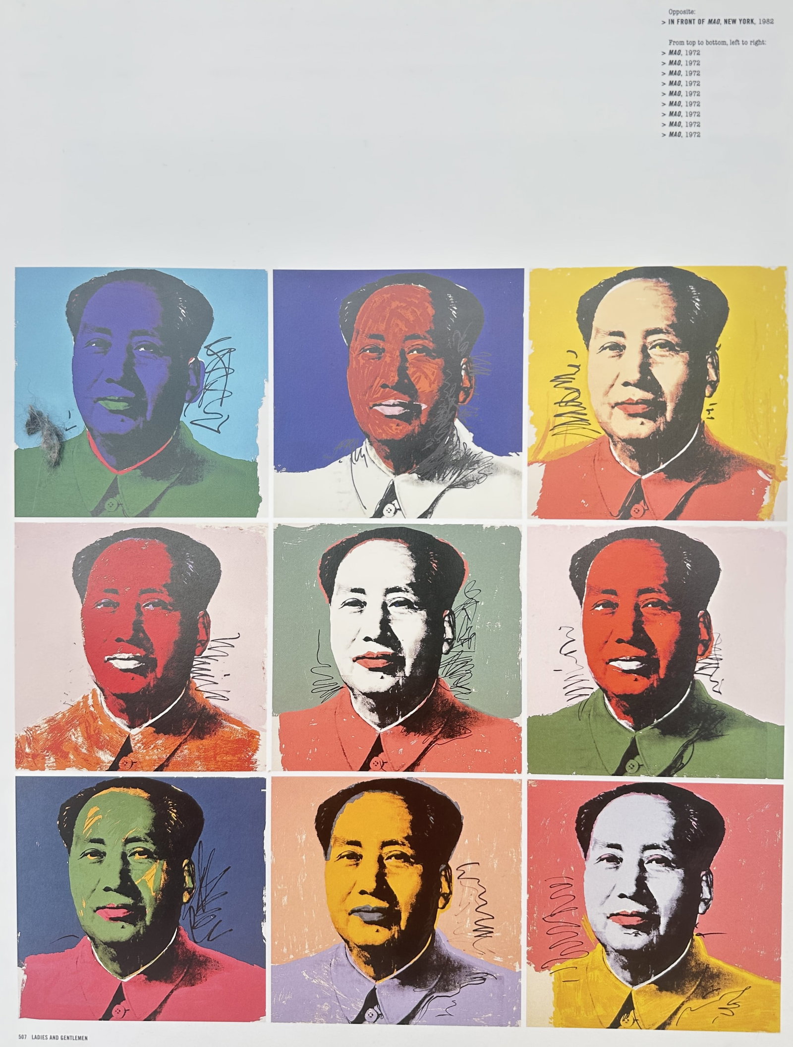 Andy Warhol – Portrait Grid of Mao Zedong – Screenprint on paper (Circa 1960s): "Mao" This pop art work features a grid composition showcasing nine repeating portrait variations of the Chinese political leader Mao Zedong, with each block rendered in different combinations of vibr