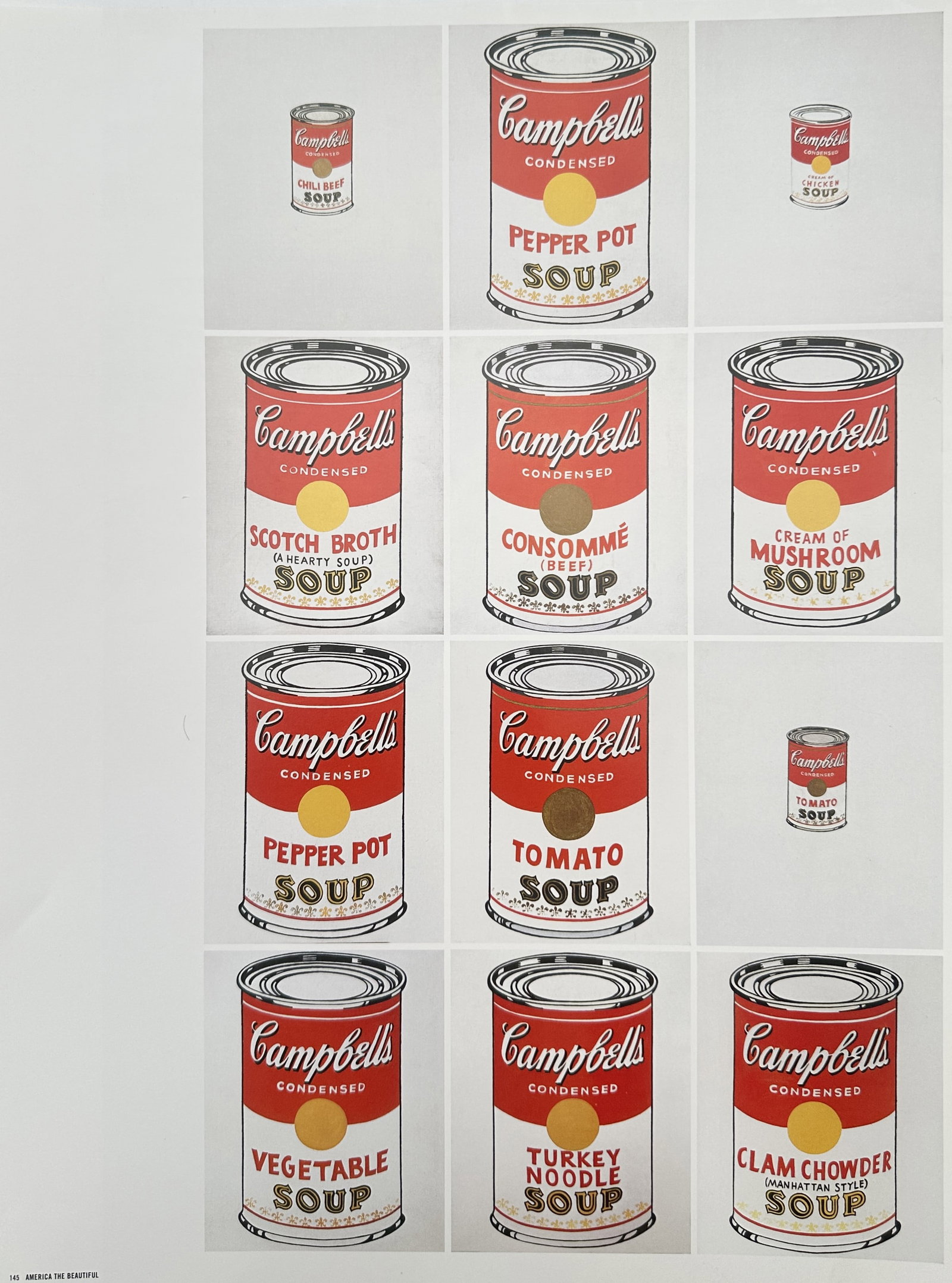 Andy Warhol – Composition Grid of Campbell's Soup Cans – Screenprint on paper (Circa 1960s): "Campbells Condensed Soup" This pop art work features a grid composition showcasing multiple variations of the iconic Campbell's soup can, with individual blocks depicting different flavors including 